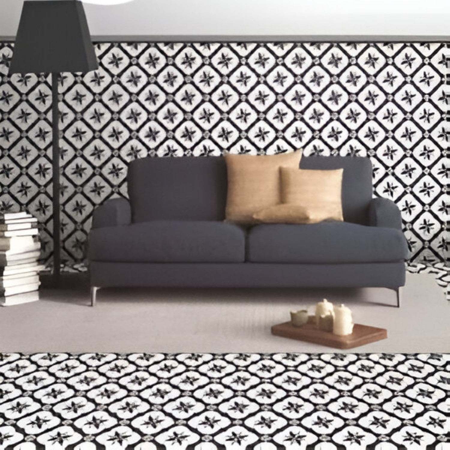 Cube 1008 Matt Ceramic Tile – 8×8 inch black-and-white matte ceramic tile featuring a bold interlocking cube-style Moroccan geometric pattern, perfect for striking wall or floor installations.