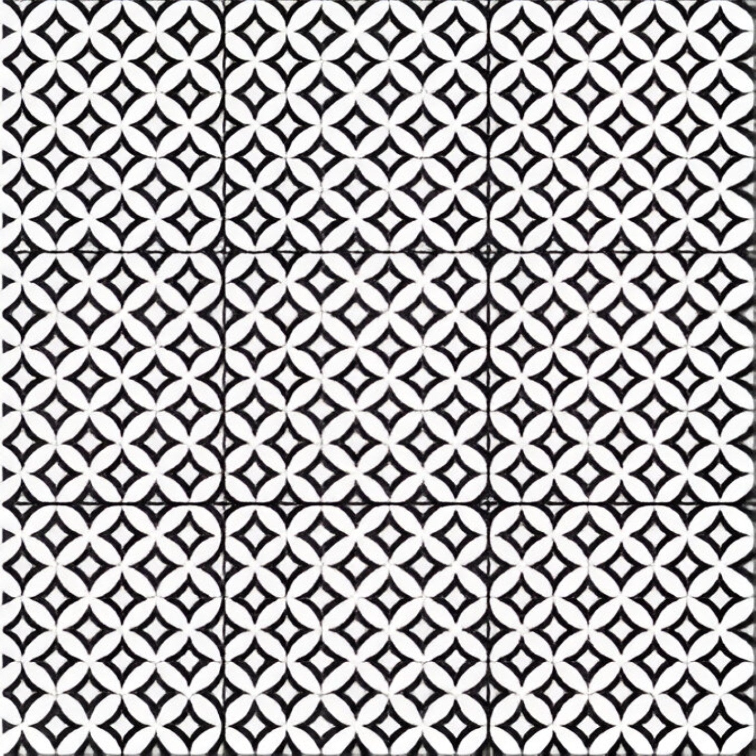 Cube 1013 Matt Ceramic Tile – 8×8 inch matt-finish ceramic tile in black and white, featuring a bold interlocking cube-like Moroccan geometric pattern, perfect for stylish wall and floor installations.