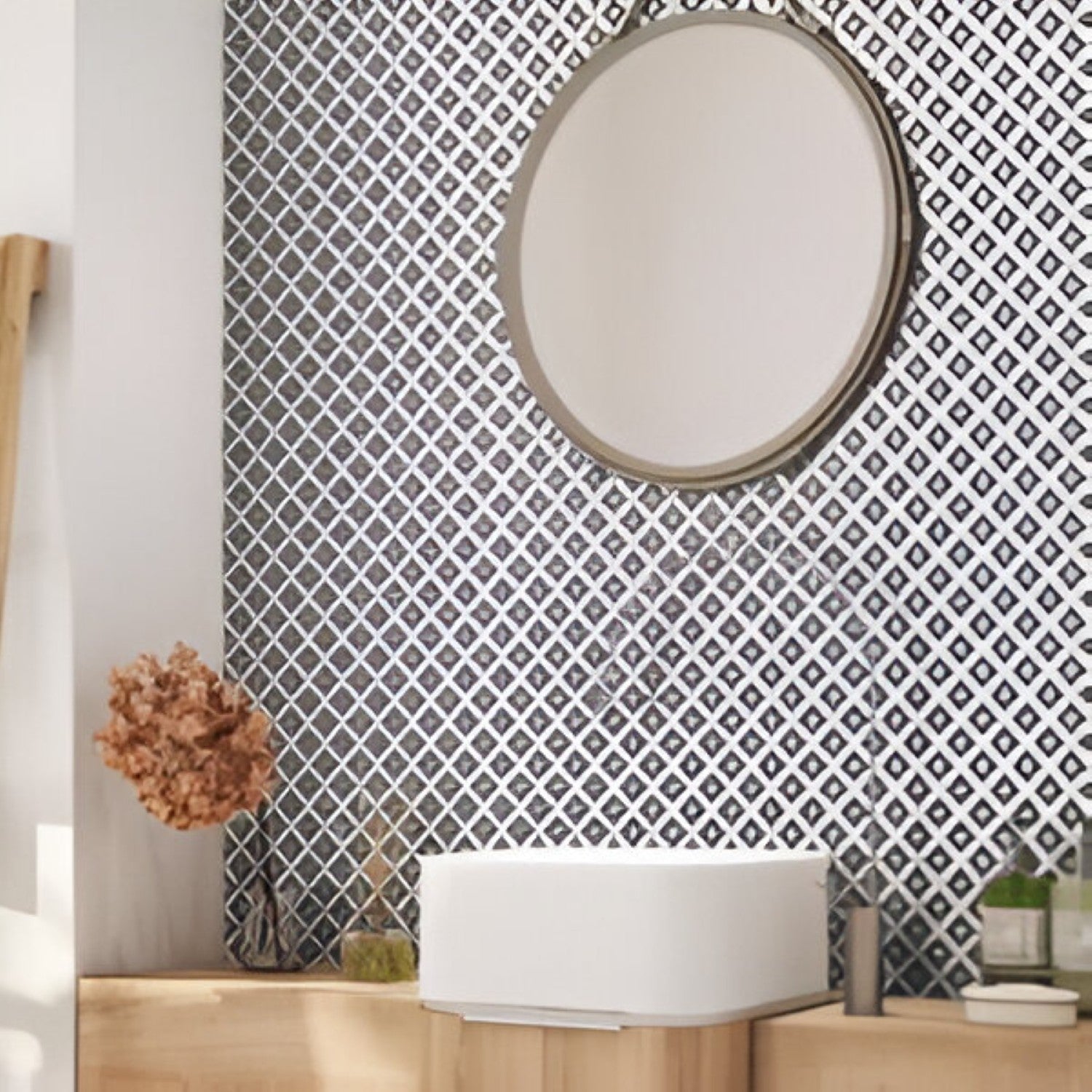 Cube 1013 Matt Ceramic Tile – 8×8 inch matt-finish ceramic tile in black and white, featuring a bold interlocking cube-like Moroccan geometric pattern, perfect for stylish wall and floor installations.