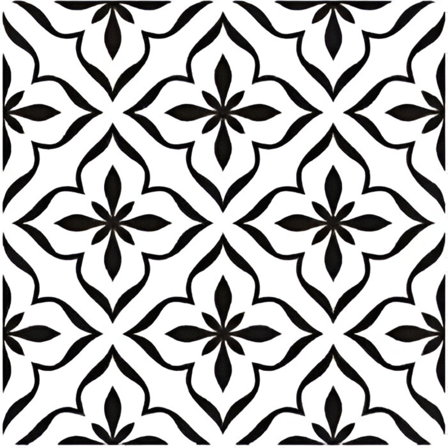 Cube 1015 Matt Ceramic Tile – 8×8 inch matt-finish ceramic tile in a bold black and white Moroccan-geometric pattern, featuring interlocking motifs and clean symmetry, ideal for striking wall and floor applications. 