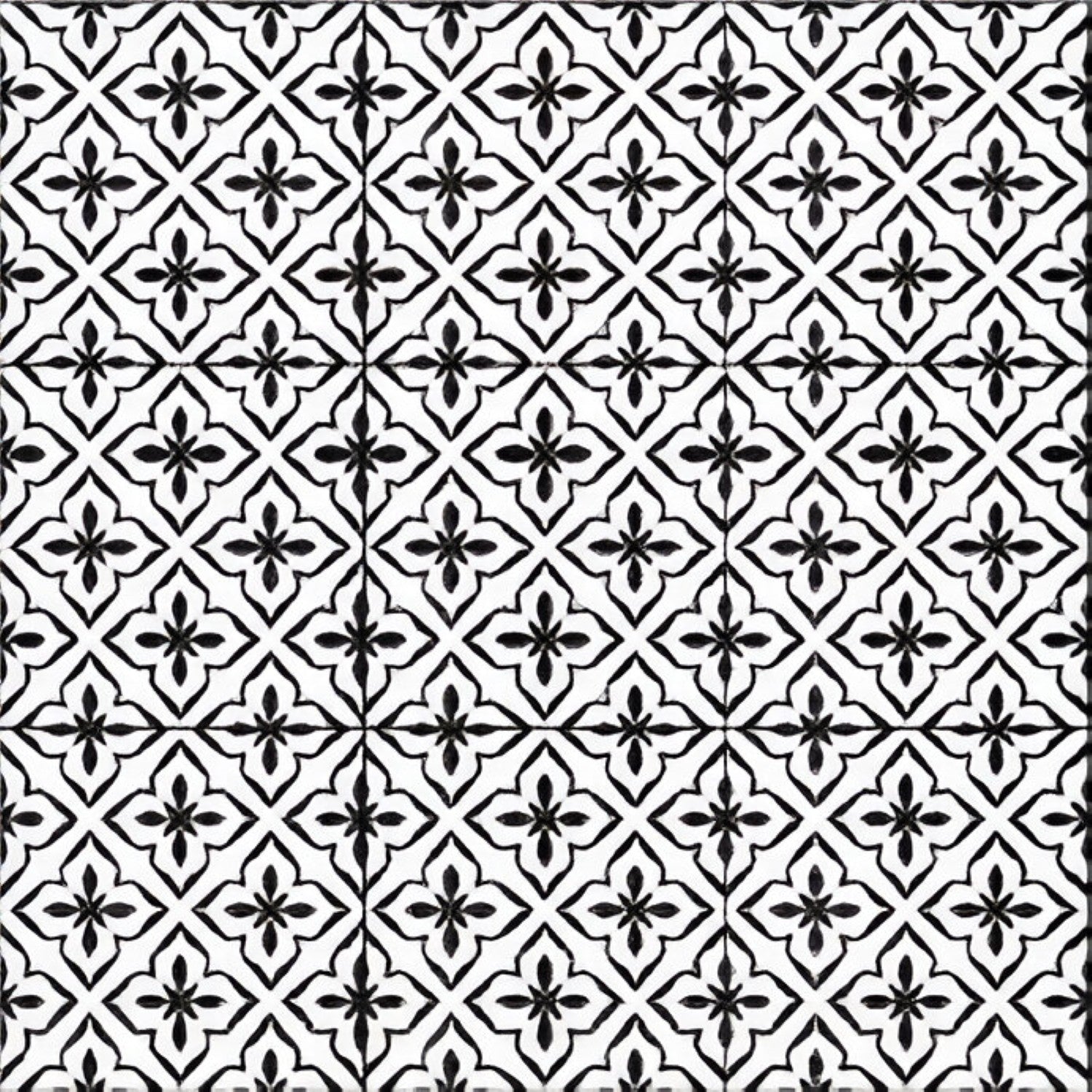 Cube 1015 Matt Ceramic Tile – 8×8 inch matt-finish ceramic tile in a bold black and white Moroccan-geometric pattern, featuring interlocking motifs and clean symmetry, ideal for striking wall and floor applications.
