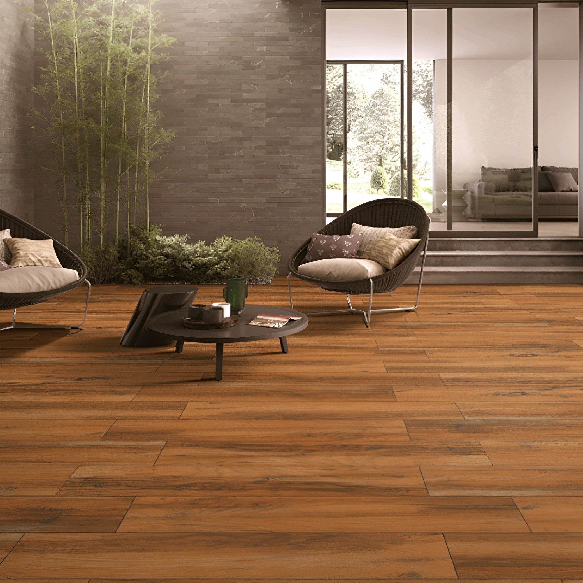 Dacota Pine Wooden Plank Vitrified Tile in 8x48 Inch size displayed in a warm pine-wood shade with detailed natural grain texture, matt finish and realistic wooden plank appearance, ideal for modern flooring in living rooms, bedrooms and commercial spaces.