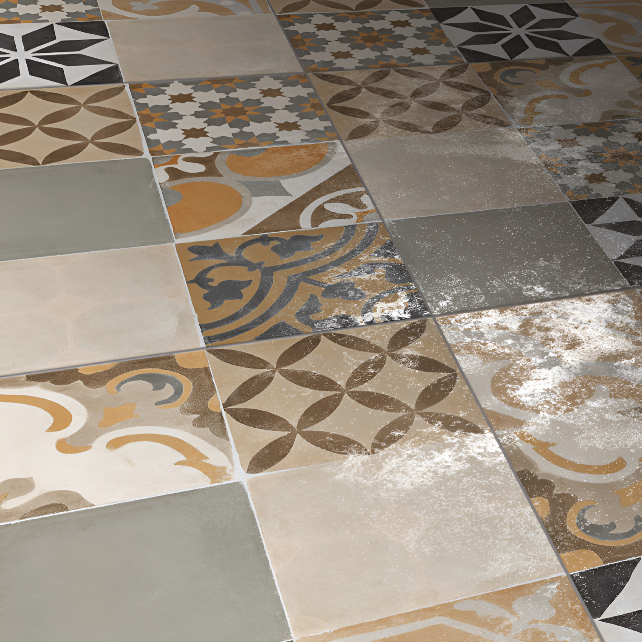 Decor 7 Moroccan Tile – 24x24 inch ceramic tile with intricate multicolor Moroccan patterns, combining florals, geometrics, and cultural motifs for a vibrant, artistic statement.
