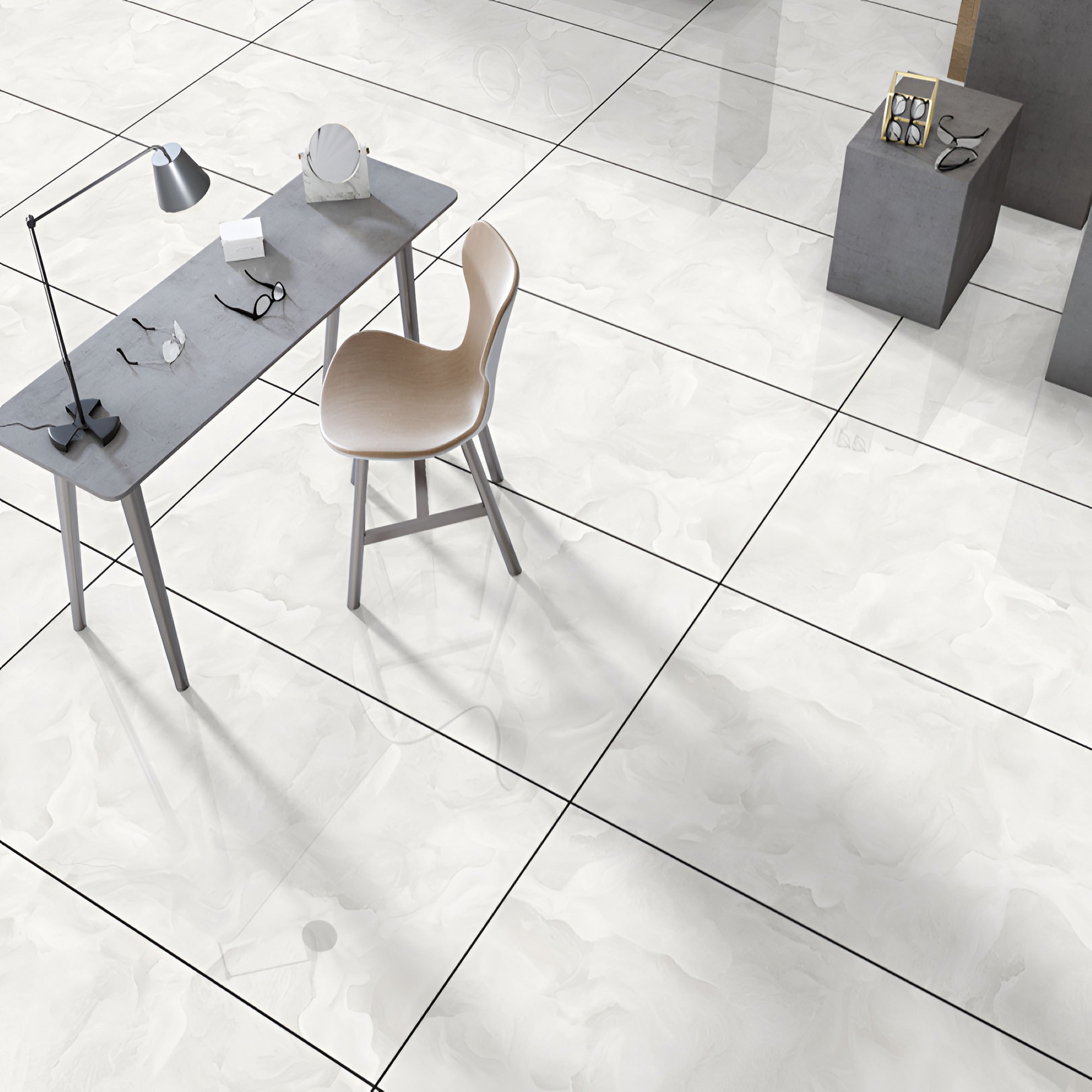 Denia Onyx White vitrified tile in 24 x 48 inch format featuring a marble-inspired surface pattern, smooth polished texture, and seamless rectangular layout designed for modern floor and wall applications in residential and commercial interiors.