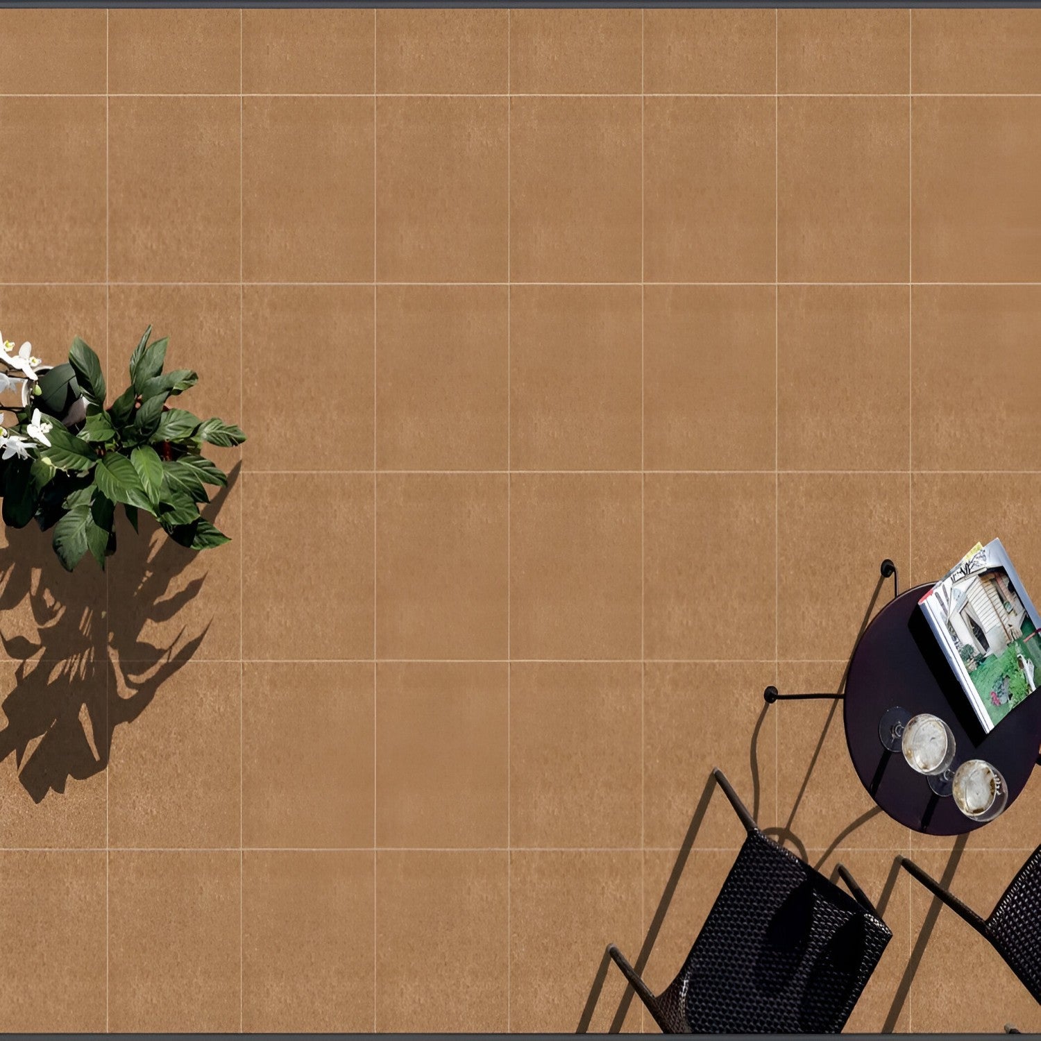 "Denim Brown Plain Vitrified Tile 16x16 inch with rich brown tones, smooth matte finish, and durable surface, ideal for contemporary flooring and wall designs."
