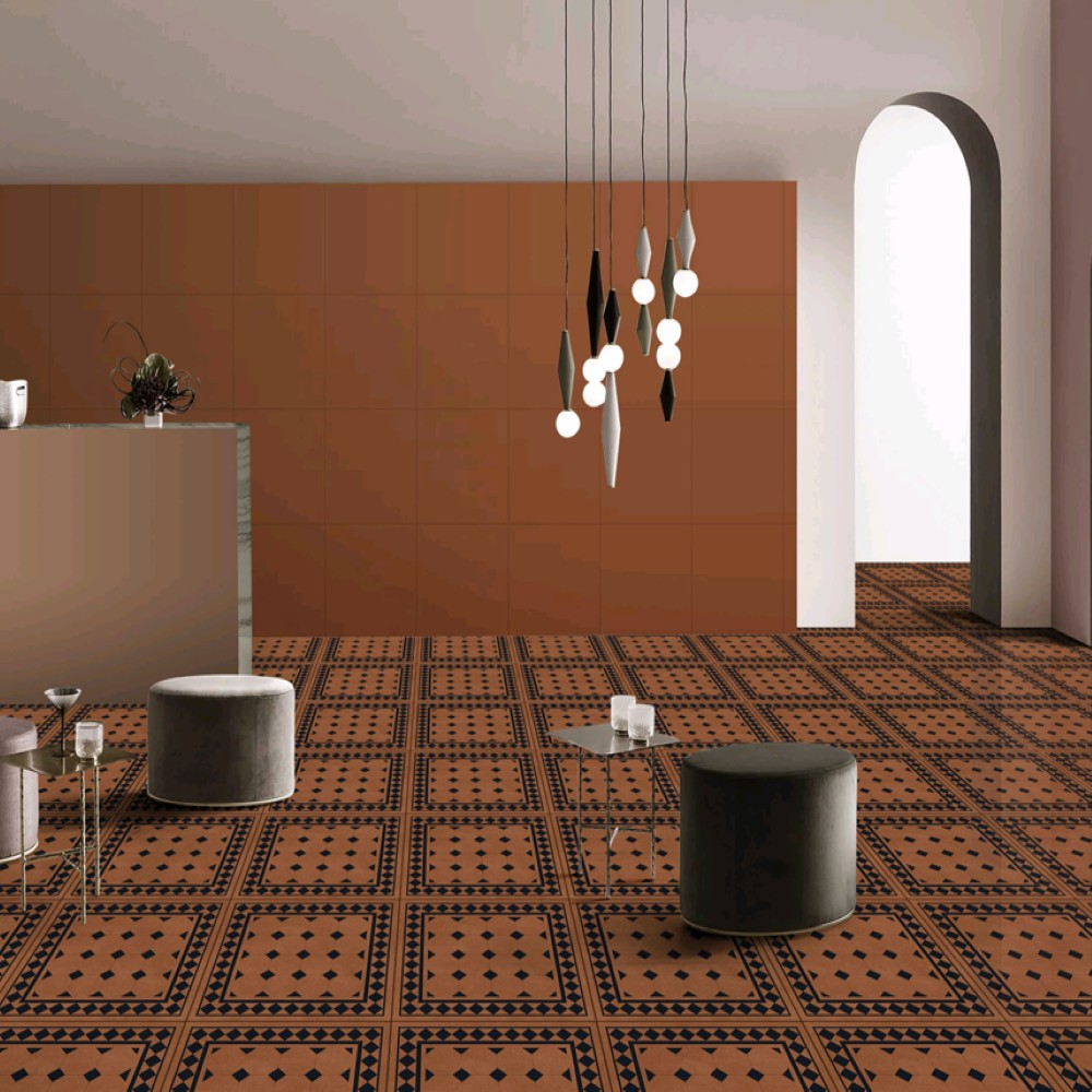 Derby Cotto Moroccan Vitrified Tile in 24 x 24 inch size showcasing an earthy Cotto base with detailed Moroccan geometric patterns, matte finish texture, and vitrified body suitable for modern floor interiors