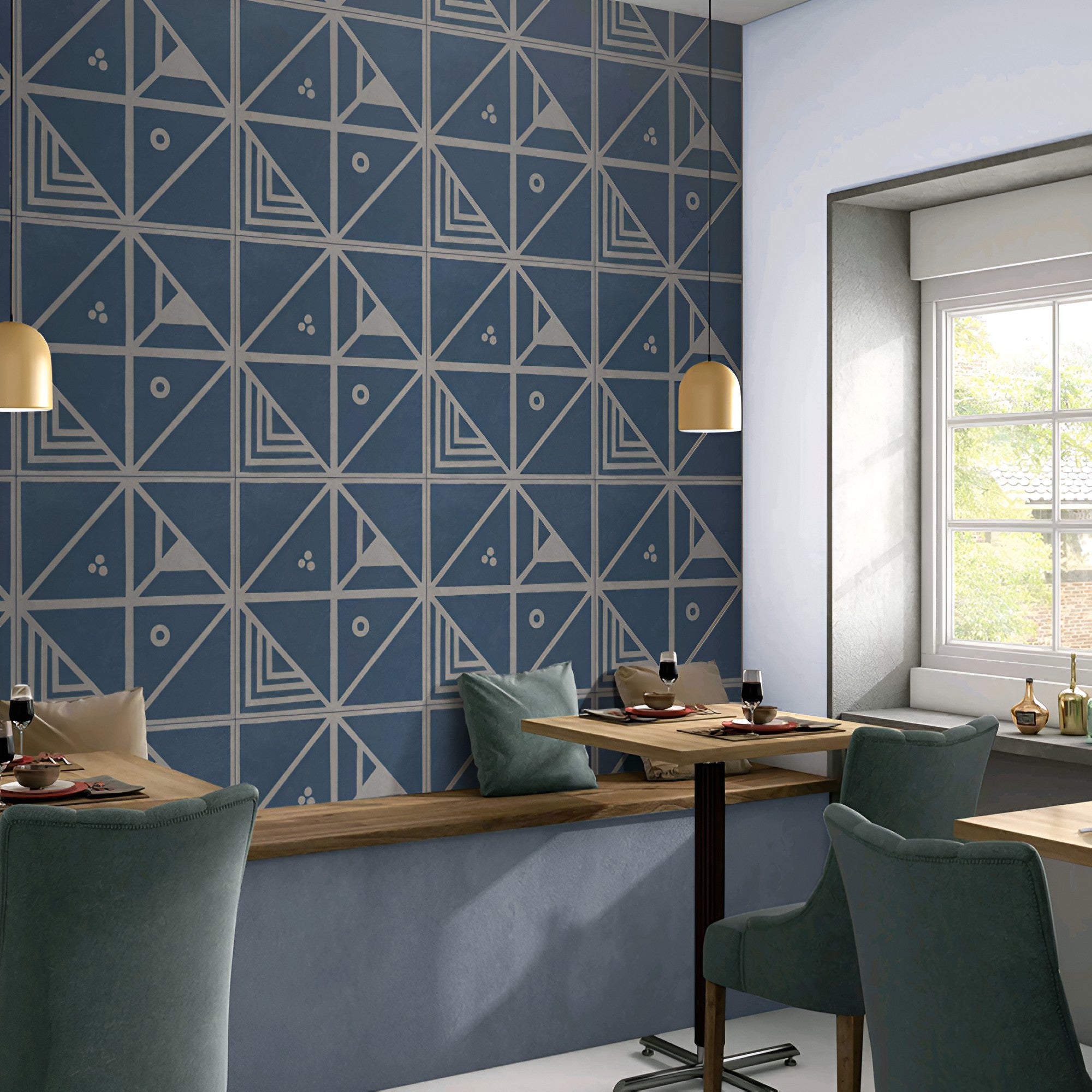 Dimenta Azul Moroccan Vitrified Tile in 24 x 24 inch size showing a rich blue color palette and elegant Moroccan-inspired artwork on a smooth matt surface, displayed as a floor tile to highlight its refined texture, cultural detailing, and premium vitrified build