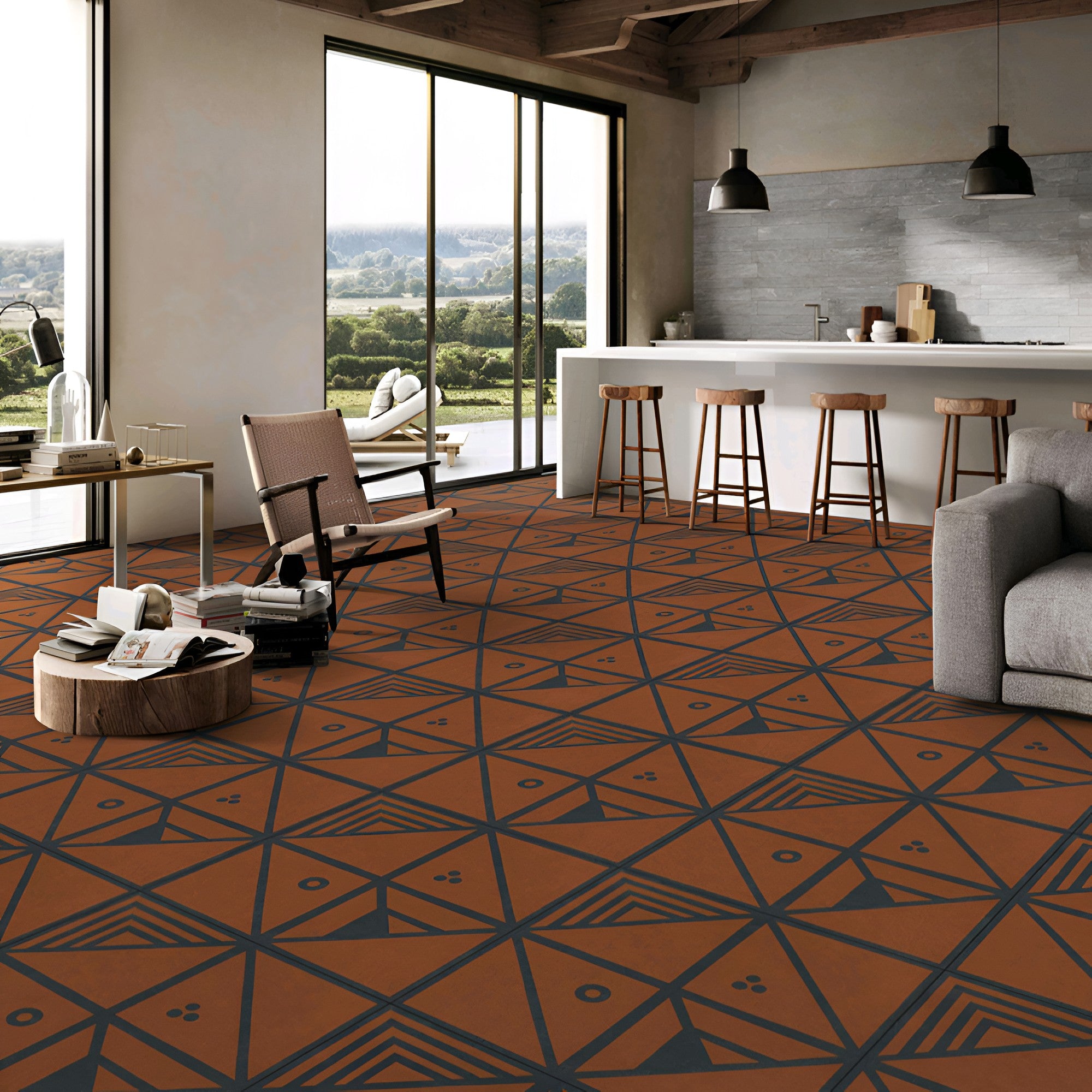 Dimenta Cotto Moroccan Vitrified Tile in a 24 x 24 inch size featuring a warm Cotto-inspired color base with intricate Moroccan-style detailing, displayed with a soft matt finish that highlights its artisanal character and rich cultural aesthetic, suitable for elegant and durable floor installations.