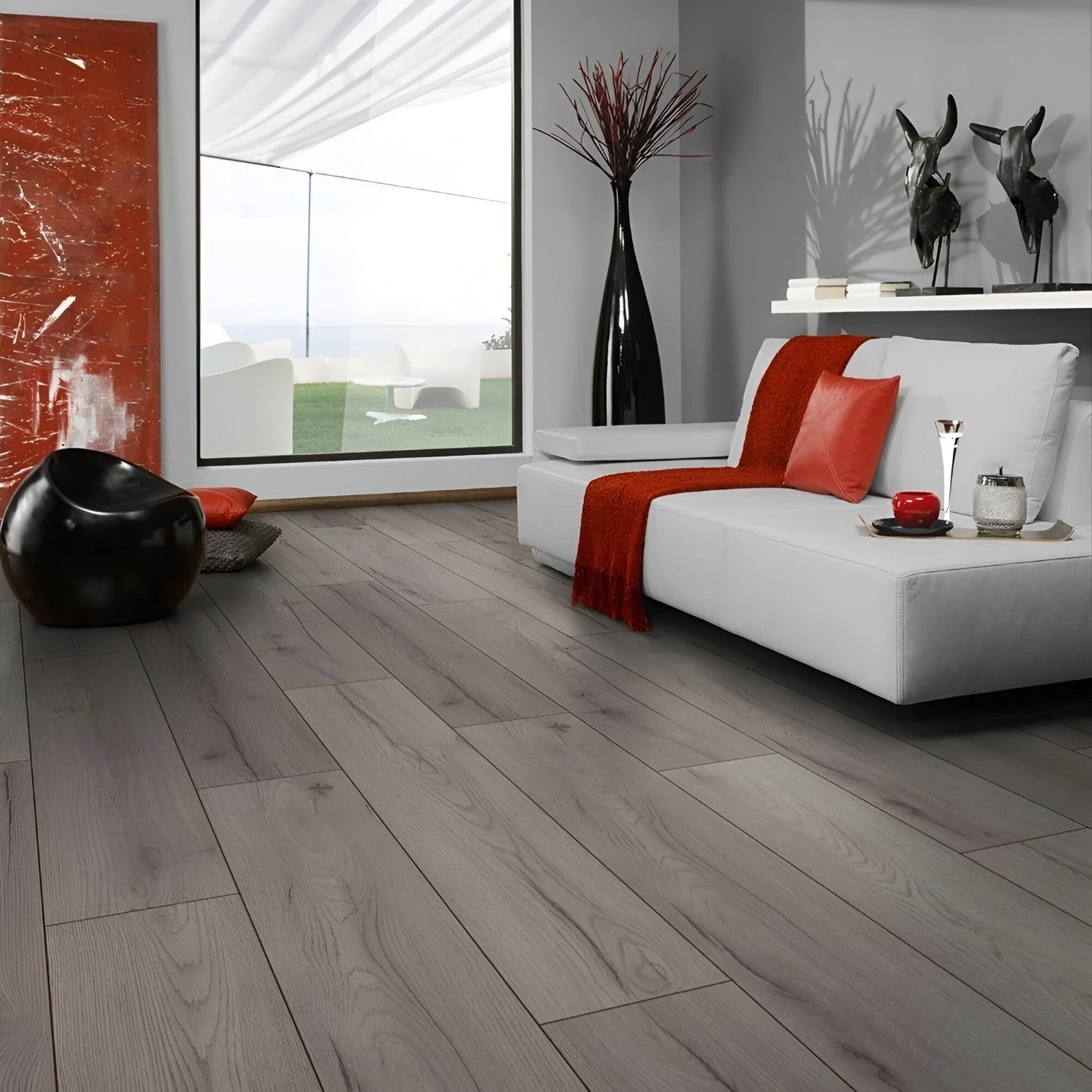 Dove Grey Laminate Flooring 8x48 inch with soft dove grey wood finish, durable scratch-resistant surface, perfect for contemporary interiors, living spaces, and high-traffic residential and commercial flooring applications
