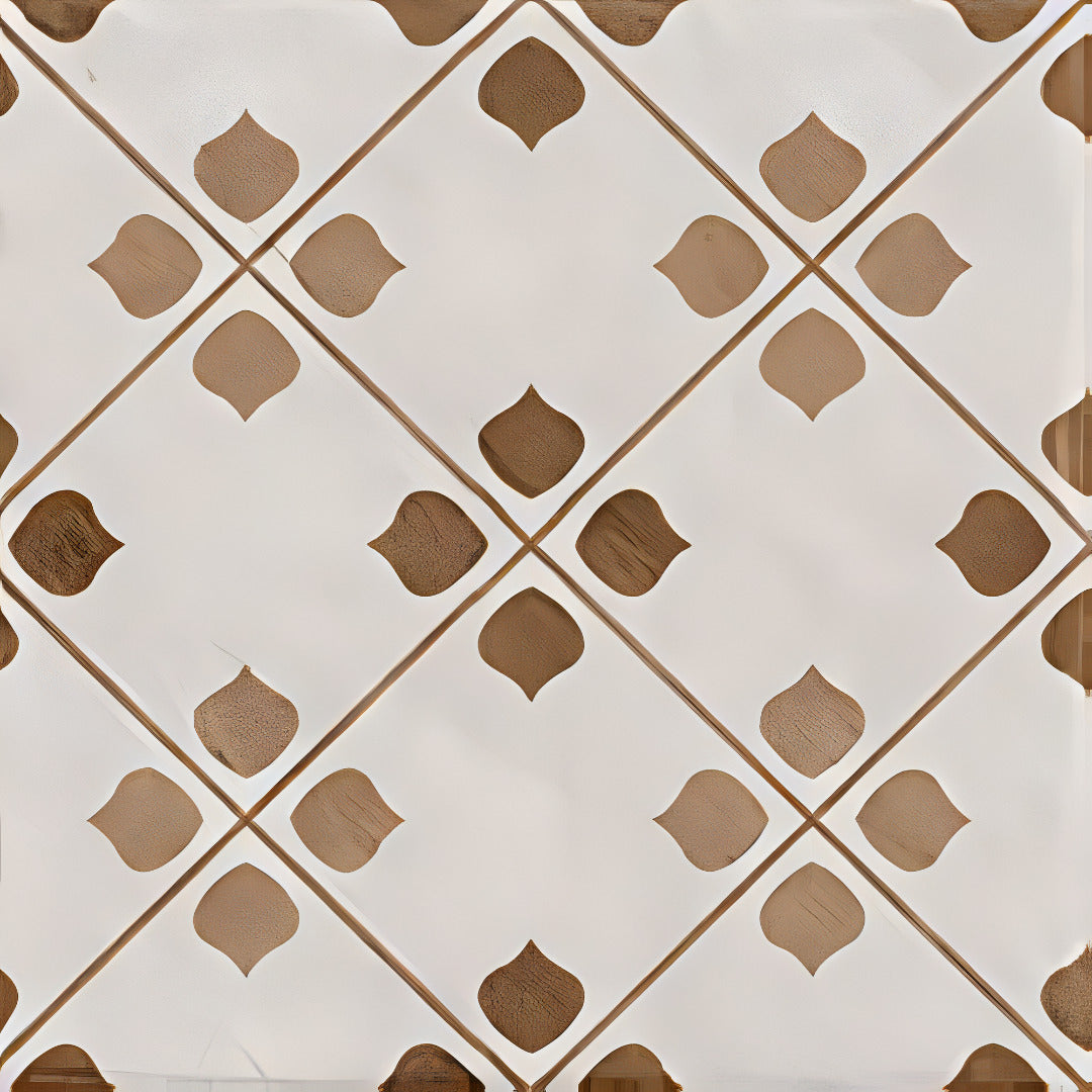 Ducati Beige Decor 1 Moroccan vitrified tile with glossy finish showcasing intricate printed rangoli patterns in soft beige color, ideal for enhancing floor and wall spaces with elegant decorative detailing in homes and commercial interiors.
