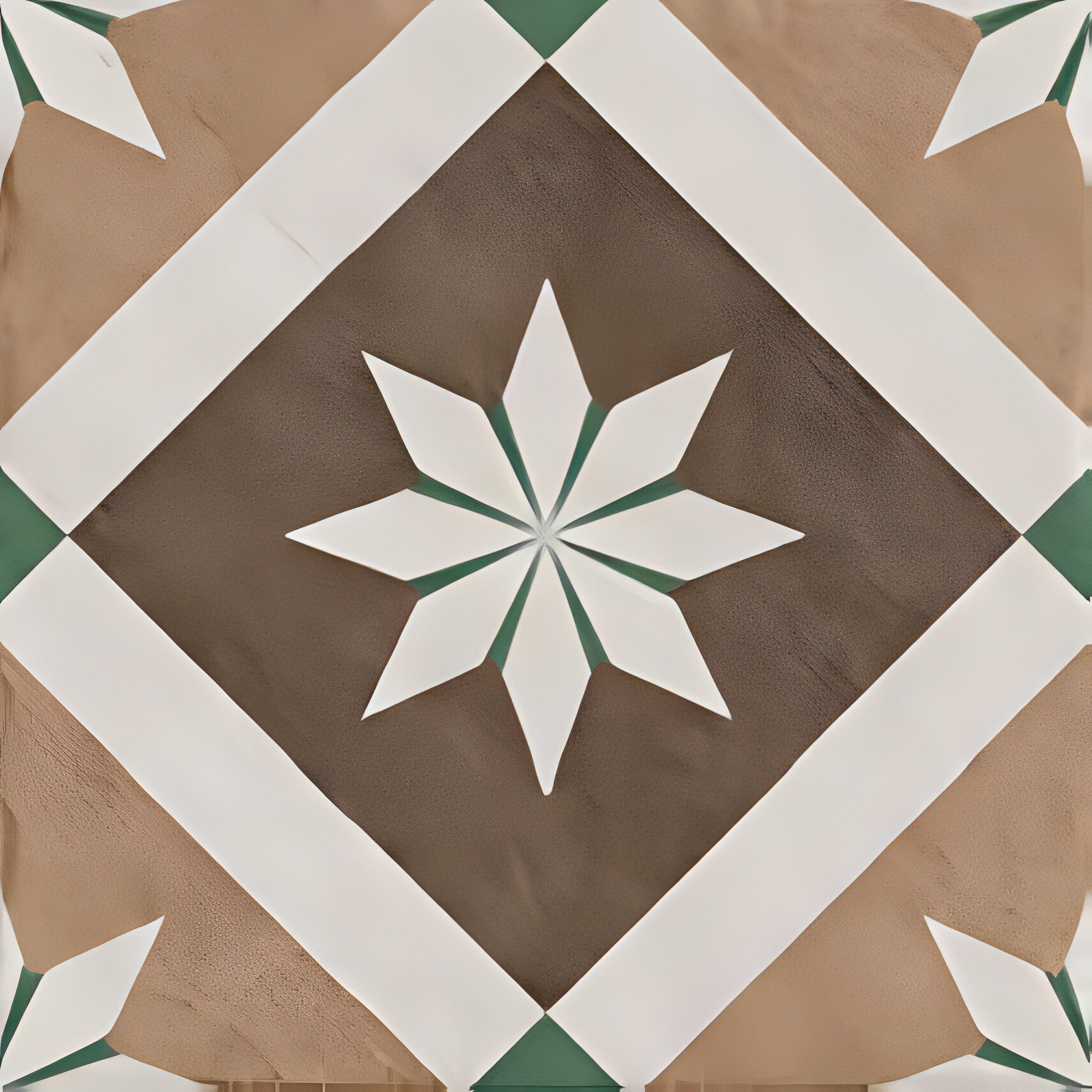 Ducati Beige Decor 2 Moroccan vitrified tile in 8×8 inch size featuring intricate printed rangoli-inspired patterns in soft beige tones with a glossy finish, installed on floor and wall surfaces to create an elegant decorative interior look.