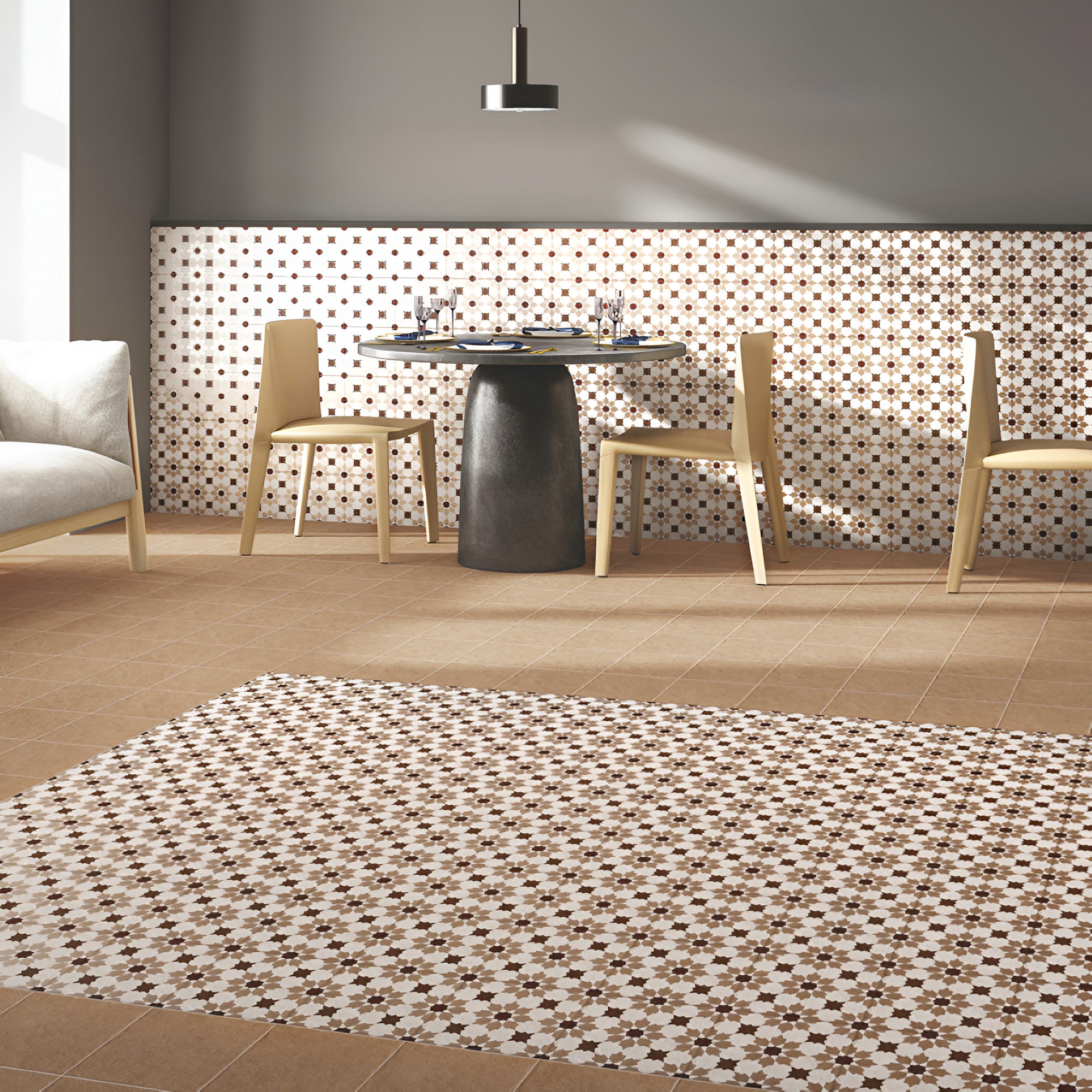 Ducati Beige Decor 3 Moroccan vitrified tile with glossy finish showcasing intricate printed and rangoli-inspired detailing in warm beige tone, suitable for decorative floor and wall applications in living rooms, kitchens, bathrooms, and feature walls.