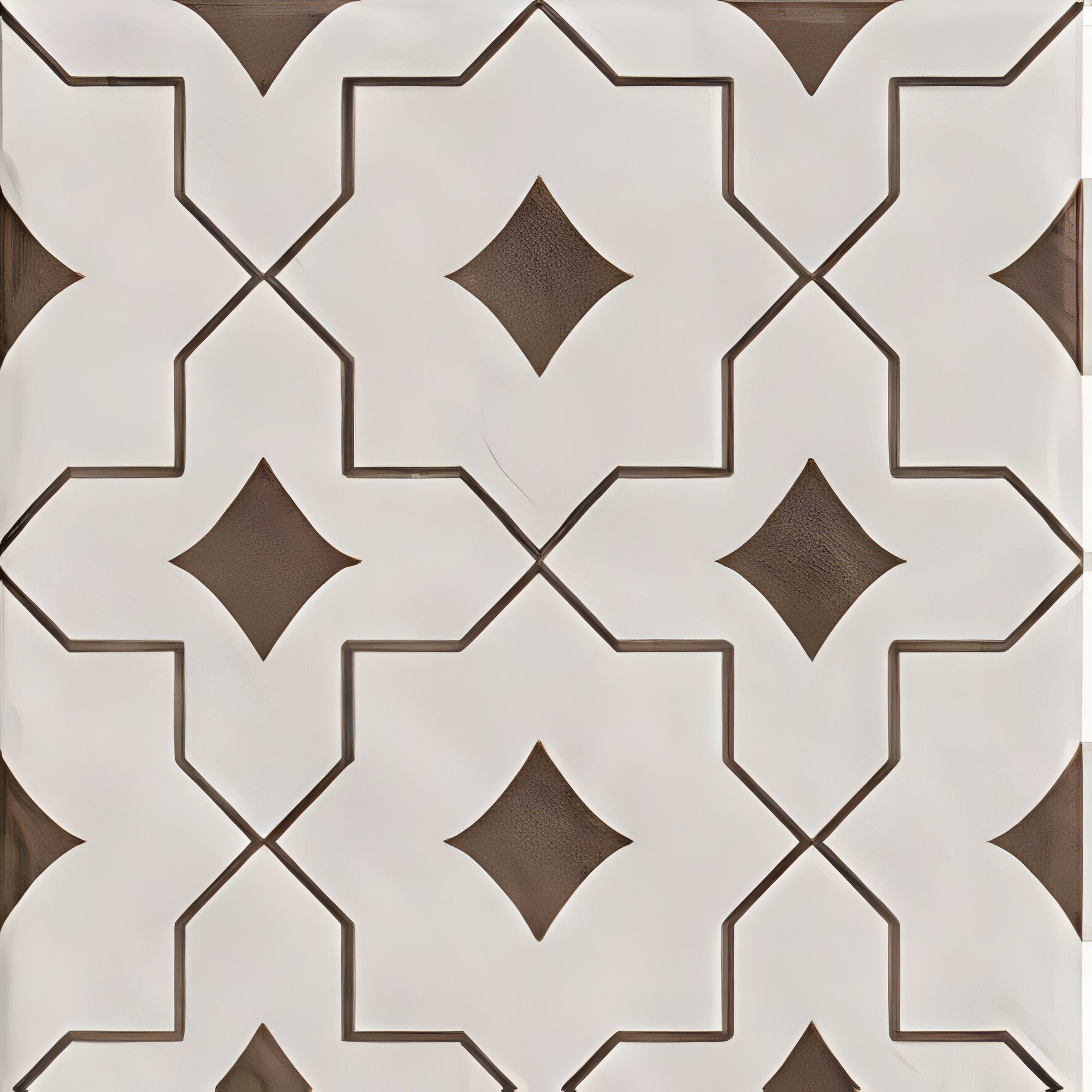 Ducati Choco Decor 1 Moroccan vitrified tile in 8x8 inch size, showcasing glossy chocolate brown surface with detailed printed rangoli-inspired pattern, suitable for decorative floor and wall applications in modern and traditional interiors.