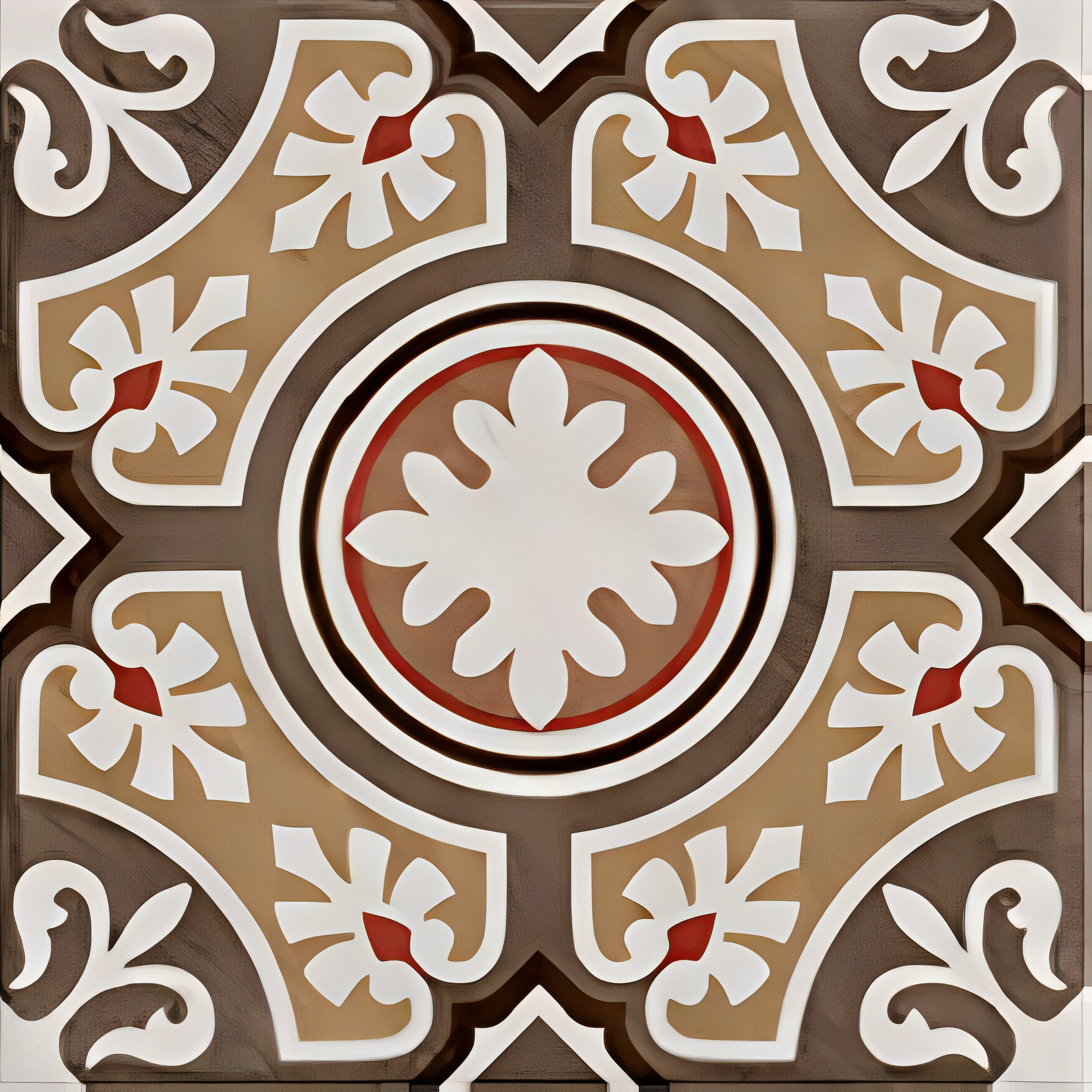 Ducati Choco Decor 3 Moroccan vitrified tile in 8 × 8 inch size featuring a glossy surface with intricate printed rangoli and Moroccan-inspired detailing in a deep choco color, suitable for decorative floor and wall applications in modern and traditional interiors.