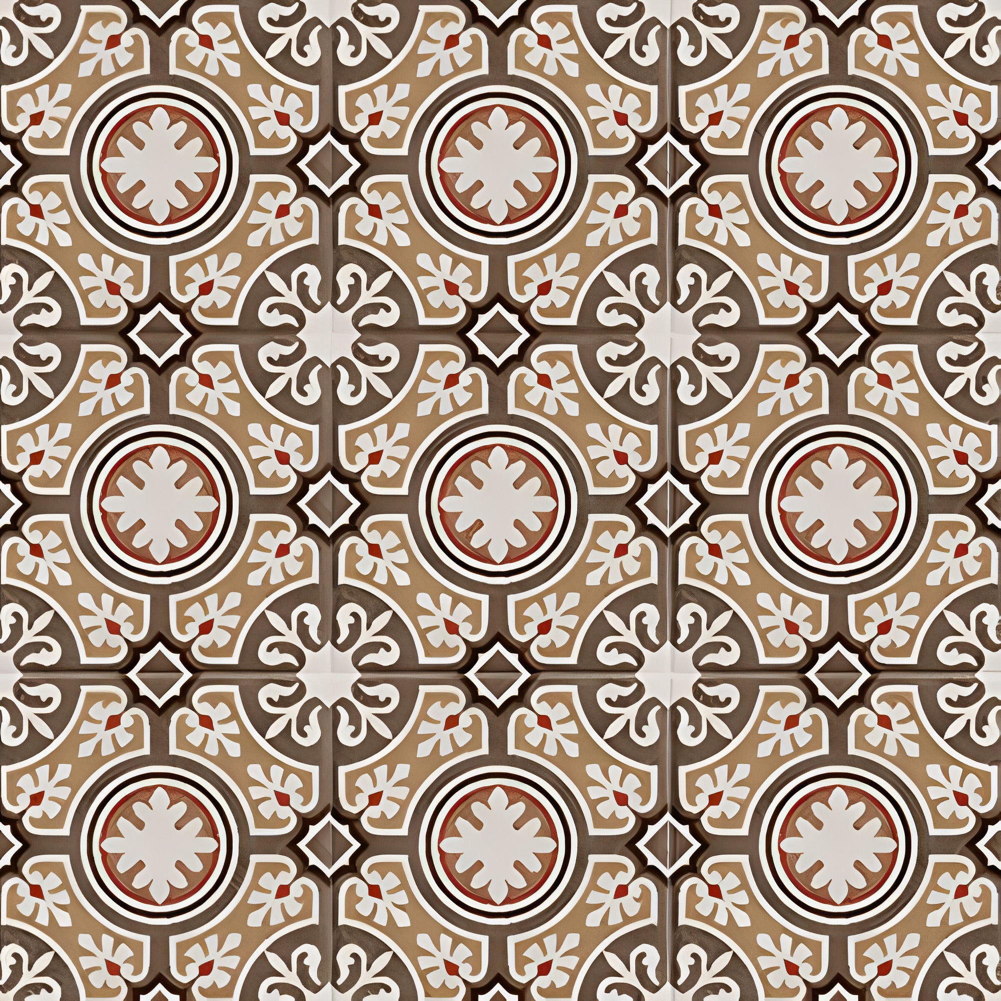 Ducati Choco Decor 3 Moroccan vitrified tile in 8 × 8 inch size featuring a glossy surface with intricate printed rangoli and Moroccan-inspired detailing in a deep choco color, suitable for decorative floor and wall applications in modern and traditional interiors.