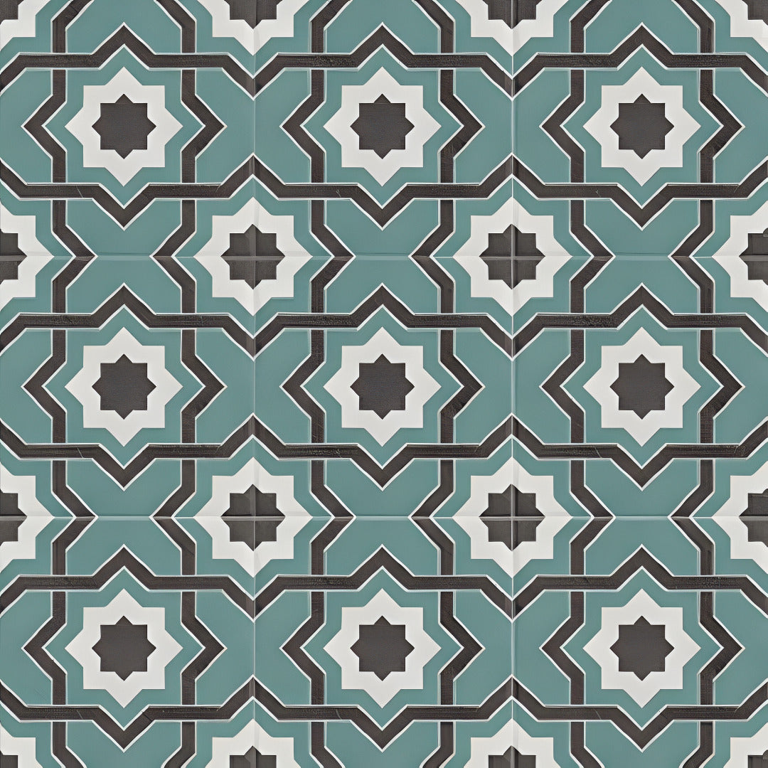 Ducati Mint Decor 2 Moroccan vitrified tile with glossy finish showcasing elegant mint-colored printed Rangoli and Moroccan-inspired detailing, suitable for decorative floor and wall applications in modern and traditional interiors.