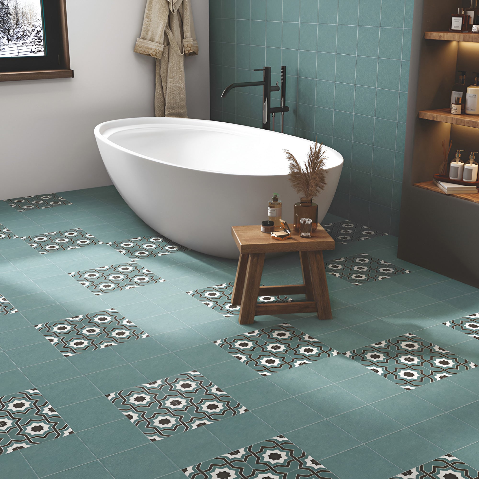 Ducati Mint Decor 2 Moroccan vitrified tile with glossy finish showcasing elegant mint-colored printed Rangoli and Moroccan-inspired detailing, suitable for decorative floor and wall applications in modern and traditional interiors.