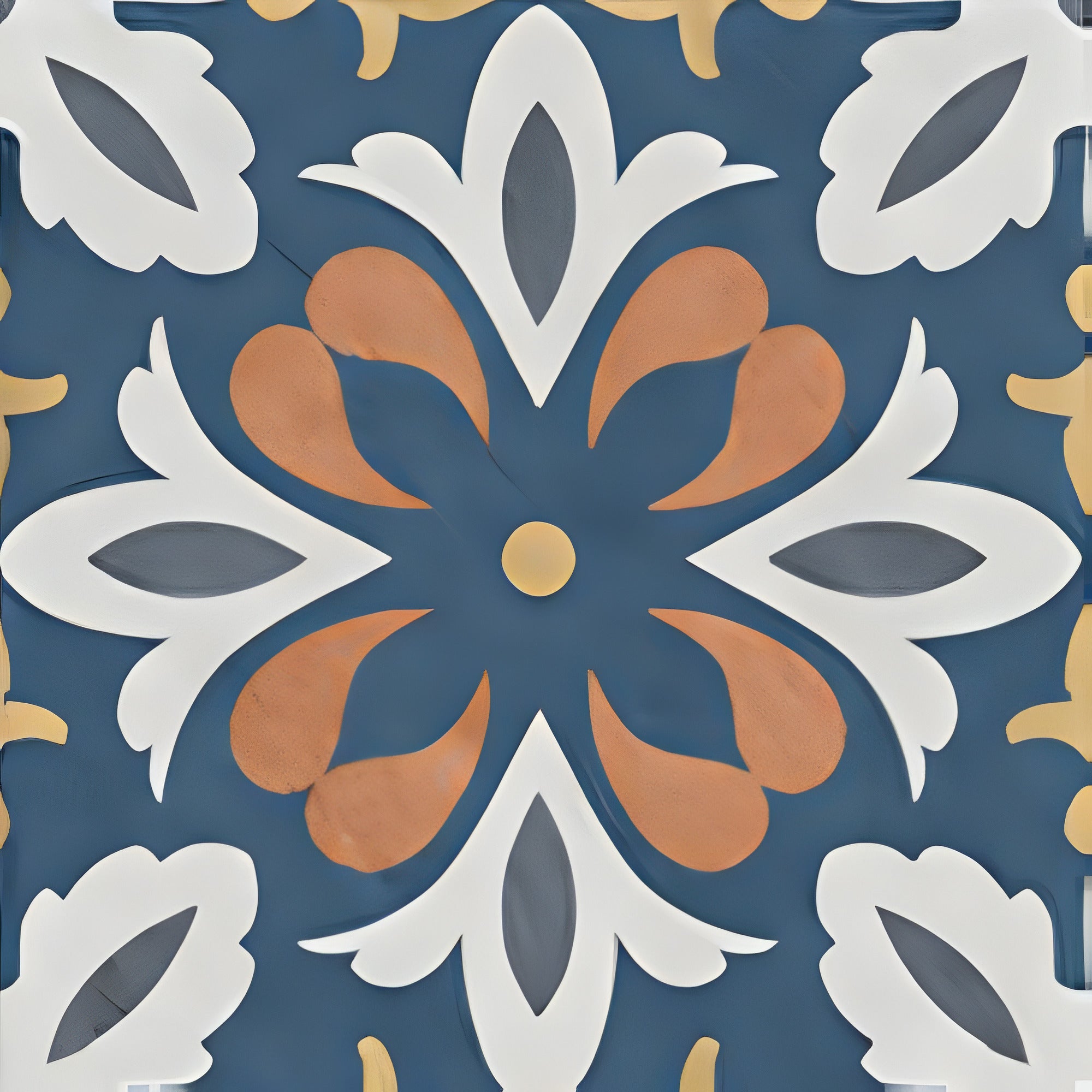 Ducati Navy Decor 3 Moroccan vitrified tile with deep navy blue color and intricate printed Rangoli-inspired pattern, glossy surface finish, 8x8 inch decorative tile designed for elegant floor and wall applications in modern and traditional interiors.