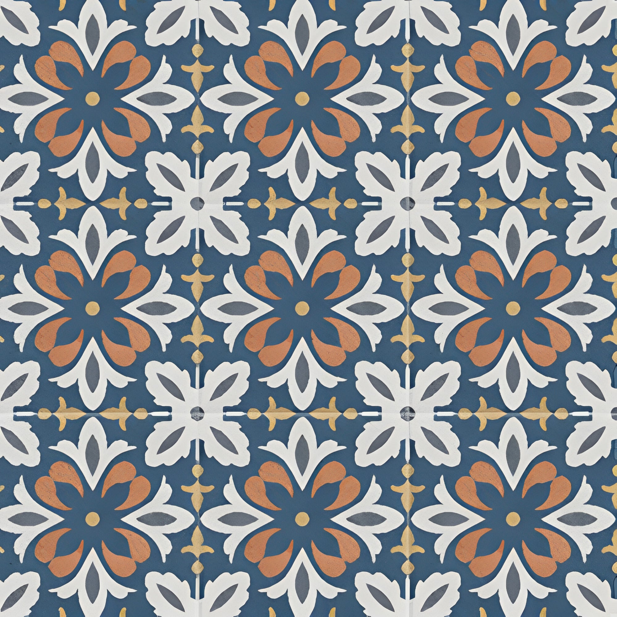 Ducati Navy Decor 3 Moroccan vitrified tile with deep navy blue color and intricate printed Rangoli-inspired pattern, glossy surface finish, 8x8 inch decorative tile designed for elegant floor and wall applications in modern and traditional interiors.