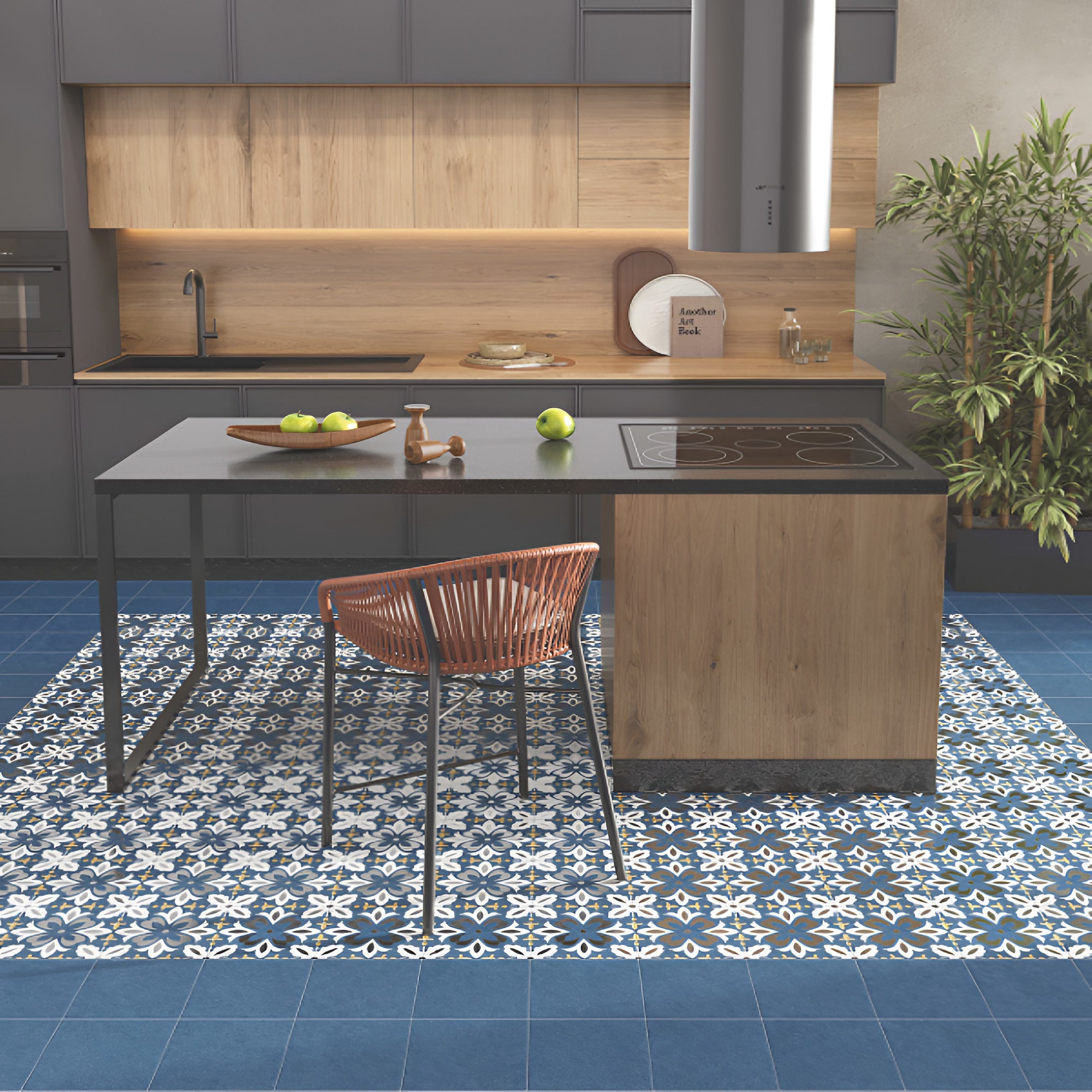 Ducati Navy Decor 3 Moroccan vitrified tile with deep navy blue color and intricate printed Rangoli-inspired pattern, glossy surface finish, 8x8 inch decorative tile designed for elegant floor and wall applications in modern and traditional interiors.