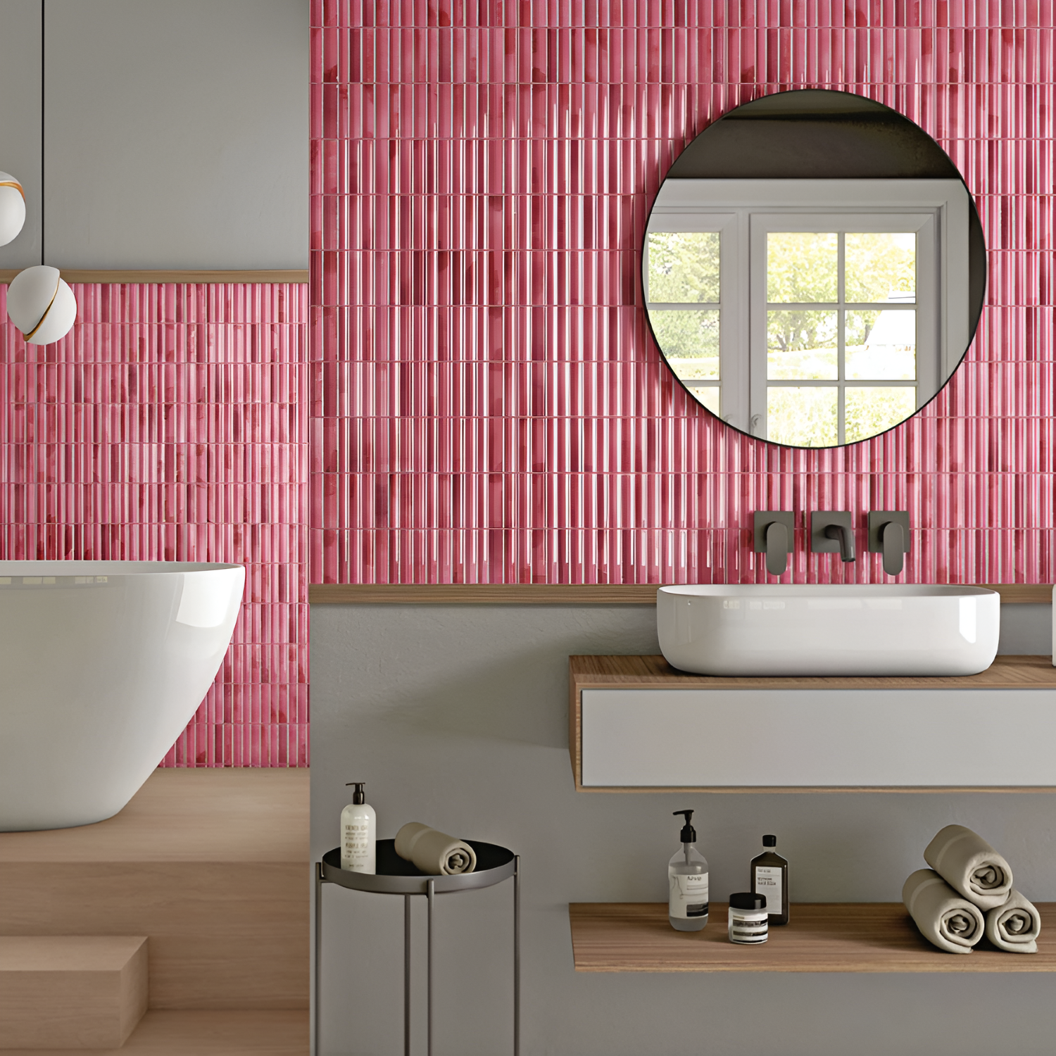 Dusty Rose Fluted Kitkat Tile 4x12 inch with a glossy finish, featuring a soft dusty rose fluted surface, smooth and durable, ideal for modern backsplashes and decorative wall designs.
