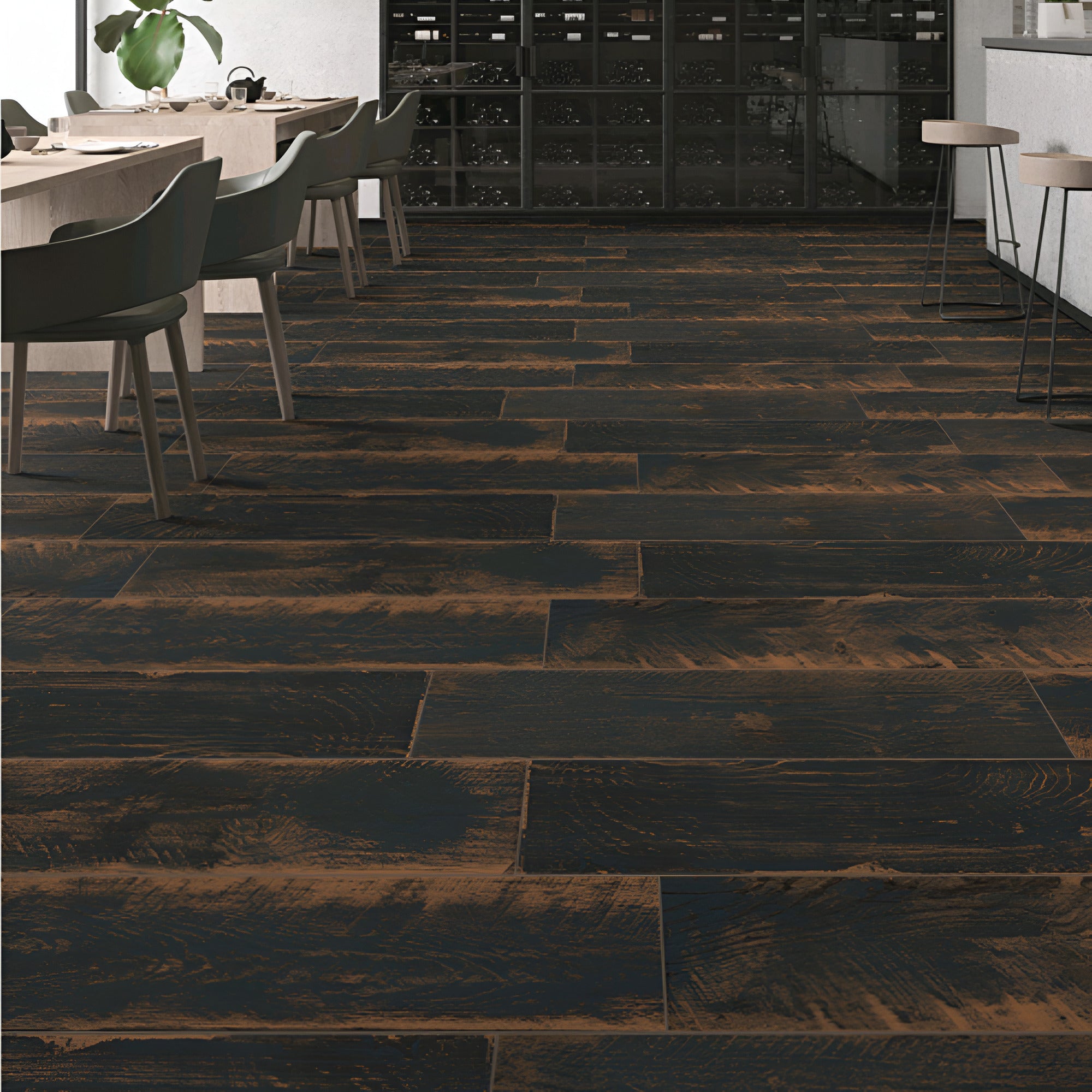 Eden Black Wooden Plank 8×48 Inch vitrified flooring tile featuring a carved wooden texture in deep black shade, showcasing realistic natural grain detailing and long plank format for premium interior flooring applications.”