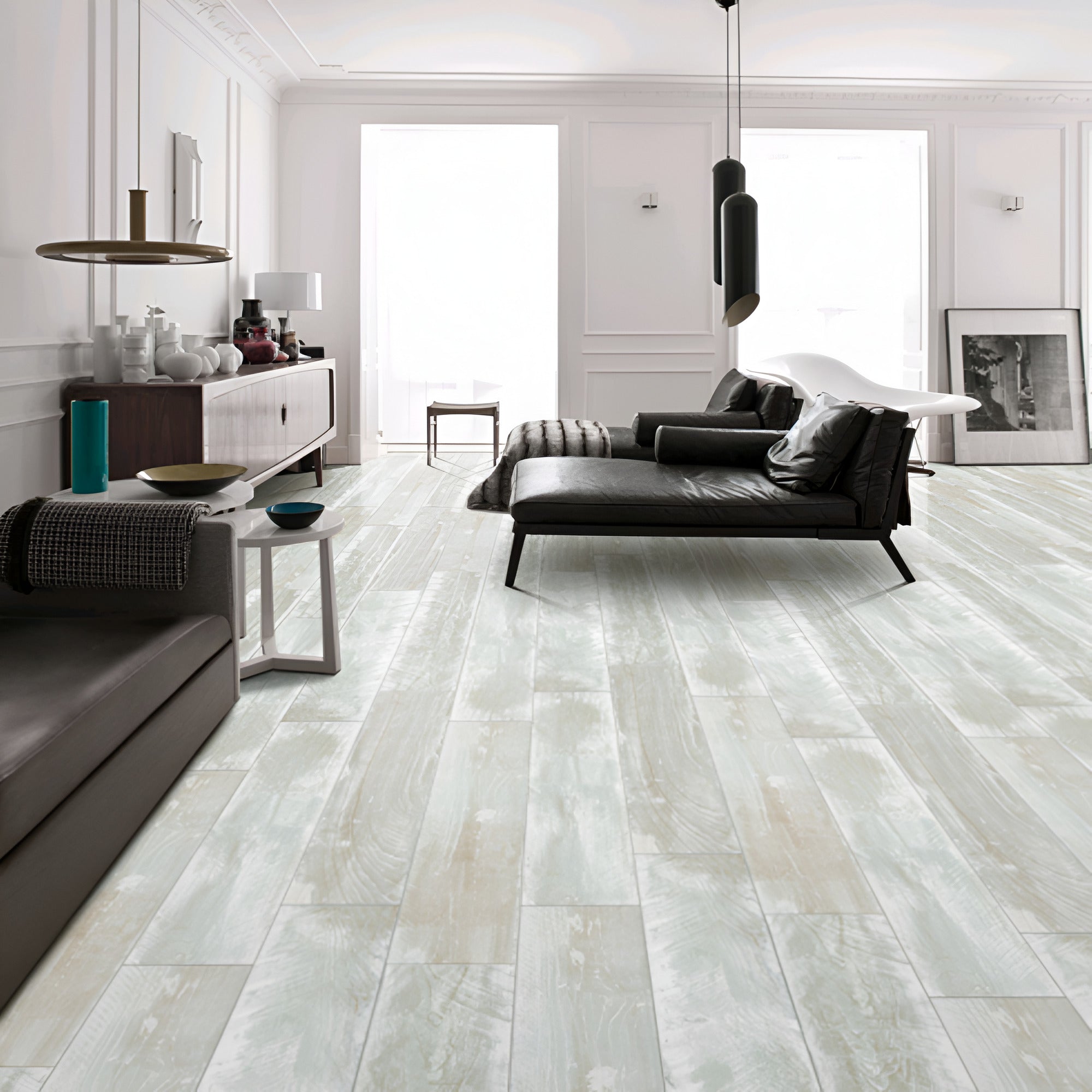 Eden Turquoise Wooden Plank Vitrified Floor Tile in 8x48 Inch size showcasing carved wood grain texture with turquoise tones, installed to create a natural wooden flooring appearance in a modern interior space.