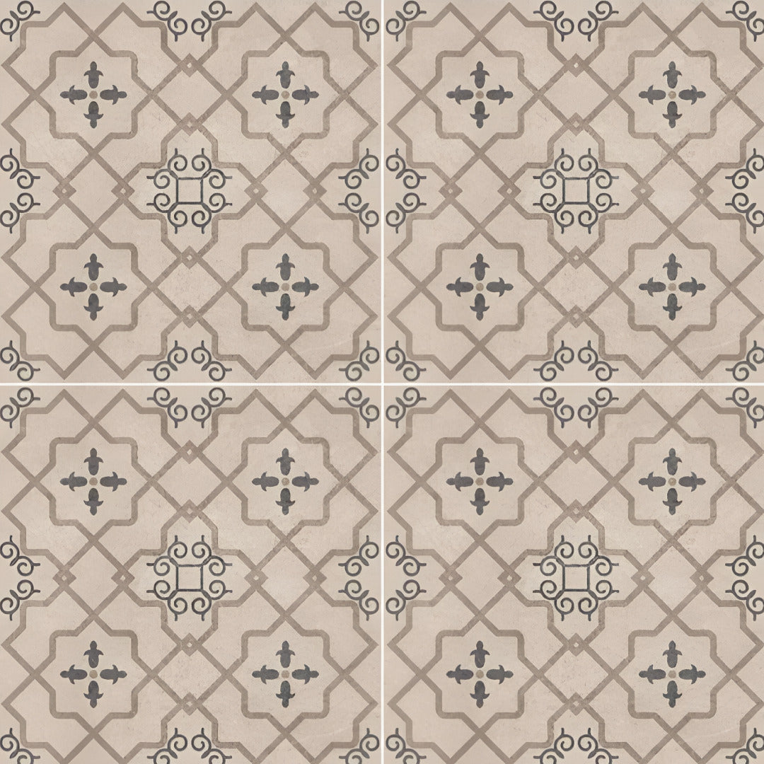 Elude Moroccan Vitrified Tile 24x24 Inch in brown Rangoli design with intricate Moroccan prints, matt finish surface, and vitrified body ideal for artistic flooring and wall décor in homes and commercial spaces.