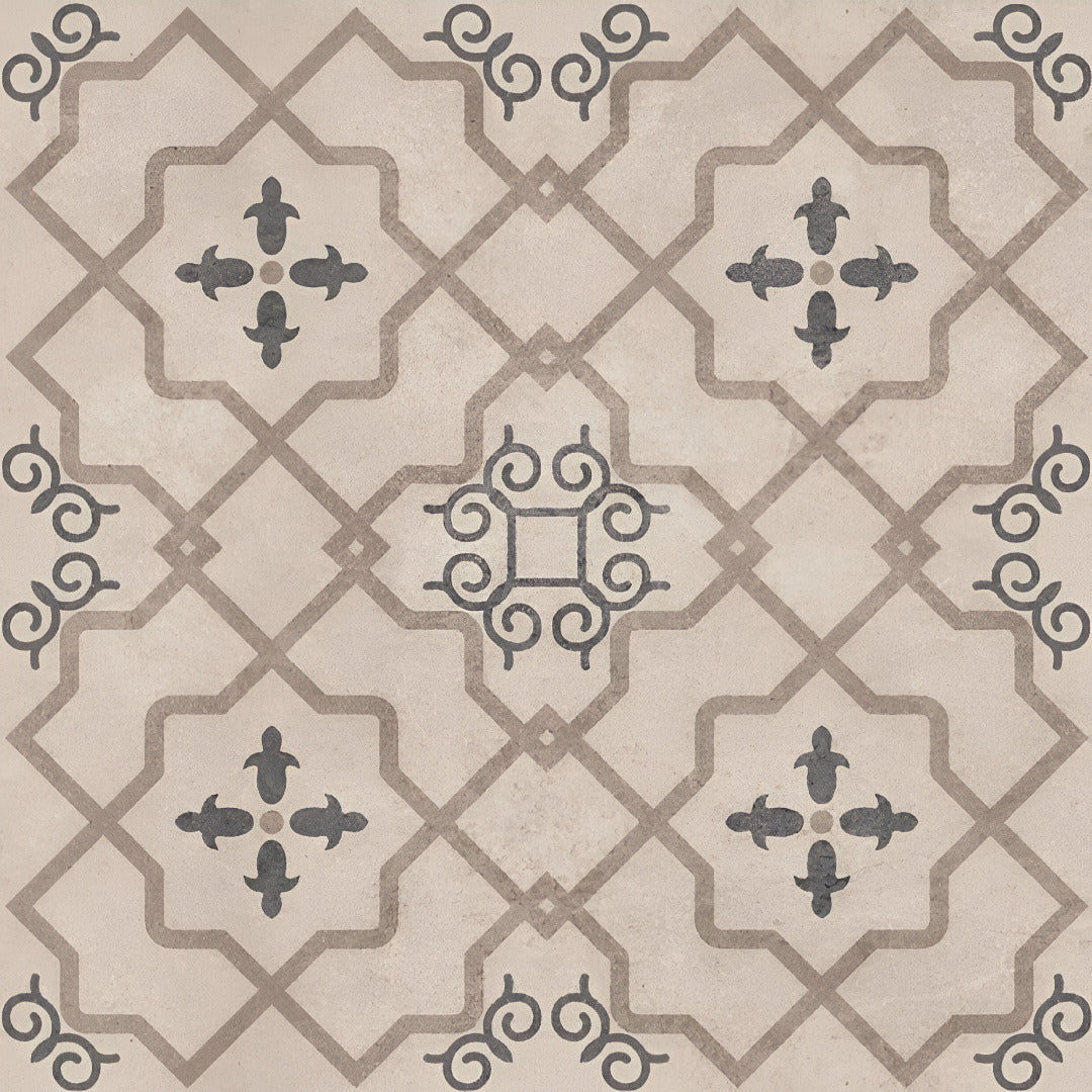 Elude Moroccan Vitrified Tile 24x24 Inch in brown Rangoli design with intricate Moroccan prints, matt finish surface, and vitrified body ideal for artistic flooring and wall décor in homes and commercial spaces.