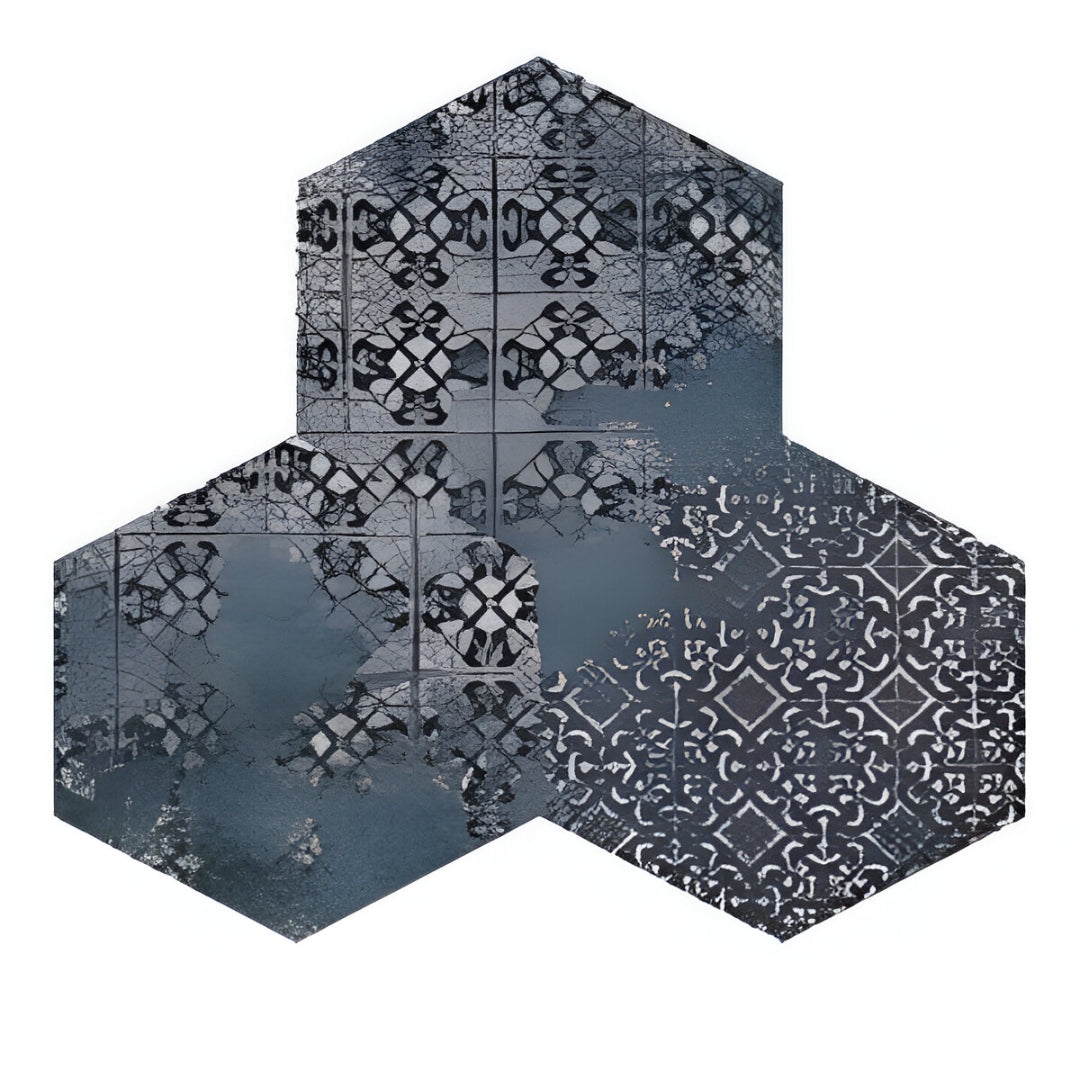 Emerald Aqua Matt Porcelain Tile featuring Moroccan-inspired patchwork patterns in a hexagonal shape and deep aqua tones – 8x10 Inches.

