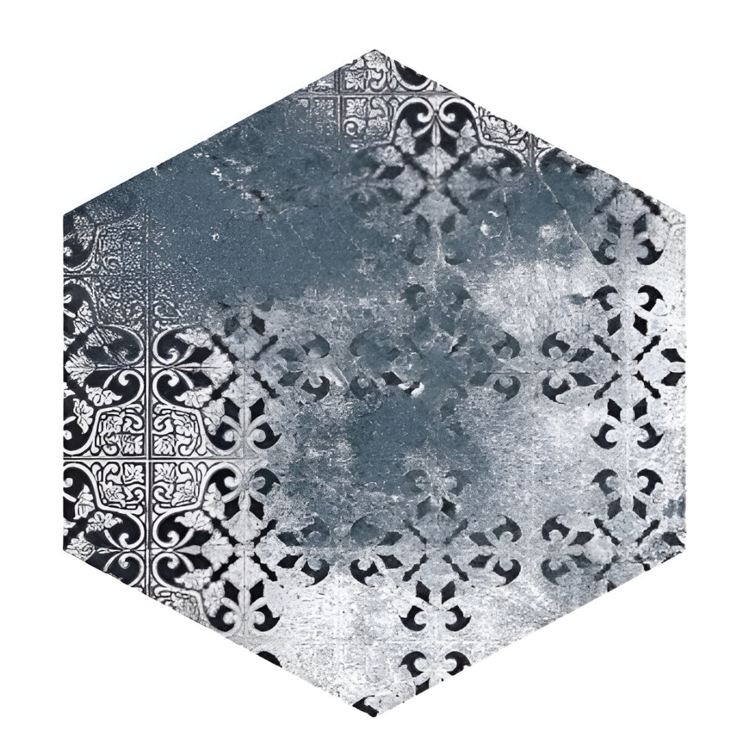 Emerald Aqua Matt Porcelain Tile featuring Moroccan-inspired patchwork patterns in a hexagonal shape and deep aqua tones – 8x10 Inches.
