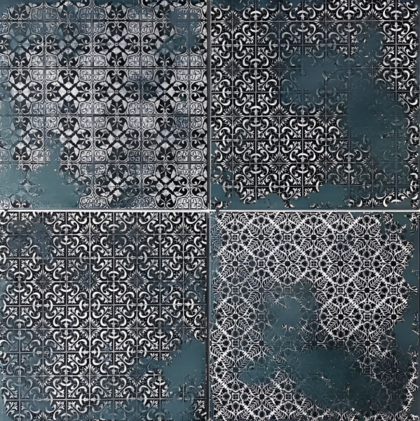 Emerald Aqua Moroccan Vitrified Tile – 12x12 inch matte vitrified tile in deep aqua-blue with a distressed vintage texture and intricate printed Moroccan-rangoli geometric motifs, suitable for stylish floor or wall installations.