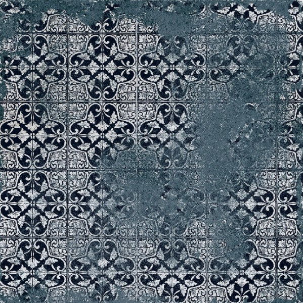 Emerald Aqua Moroccan Vitrified Tile – 12x12 inch matte vitrified tile in deep aqua-blue with a distressed vintage texture and intricate printed Moroccan-rangoli geometric motifs, suitable for stylish floor or wall installations.