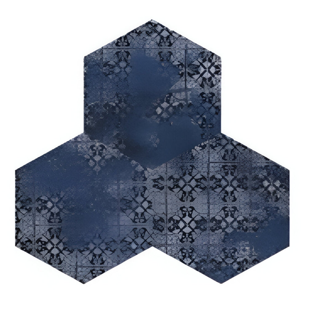 Emerald Blue Matt Porcelain Tile with hexagonal shape and blue-toned artistic patchwork designs – 8x10 Inches.

