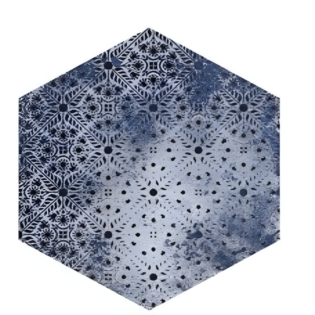 Emerald Blue Matt Porcelain Tile with hexagonal shape and blue-toned artistic patchwork designs – 8x10 Inches.

