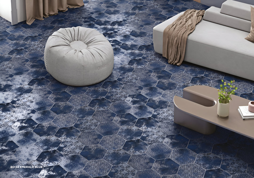 Emerald Blue Matt Porcelain Tile with hexagonal shape and blue-toned artistic patchwork designs – 8x10 Inches.

