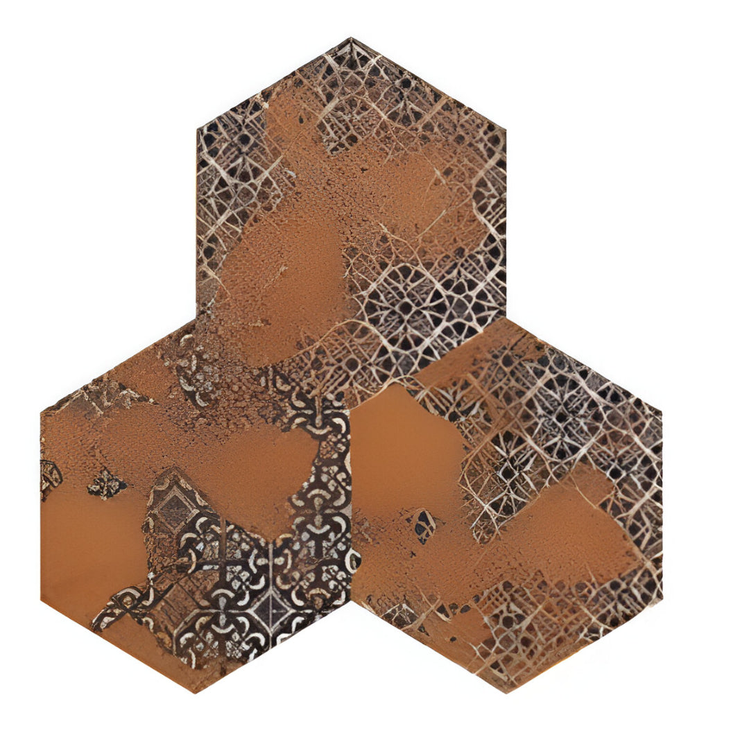 Emerald Brown Matt Porcelain Tile in hexagonal shape with rustic patchwork motifs in warm brown tones – 8x10 Inches.

