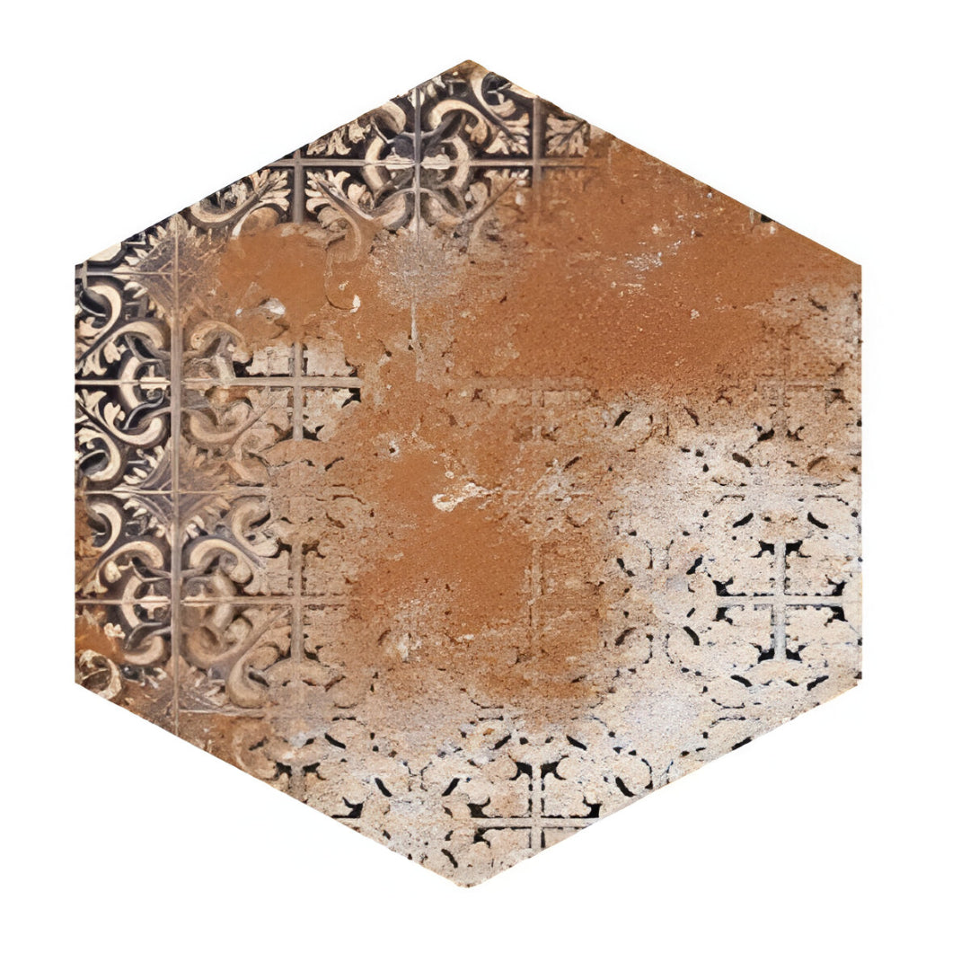 Emerald Brown Matt Porcelain Tile in hexagonal shape with rustic patchwork motifs in warm brown tones – 8x10 Inches.

