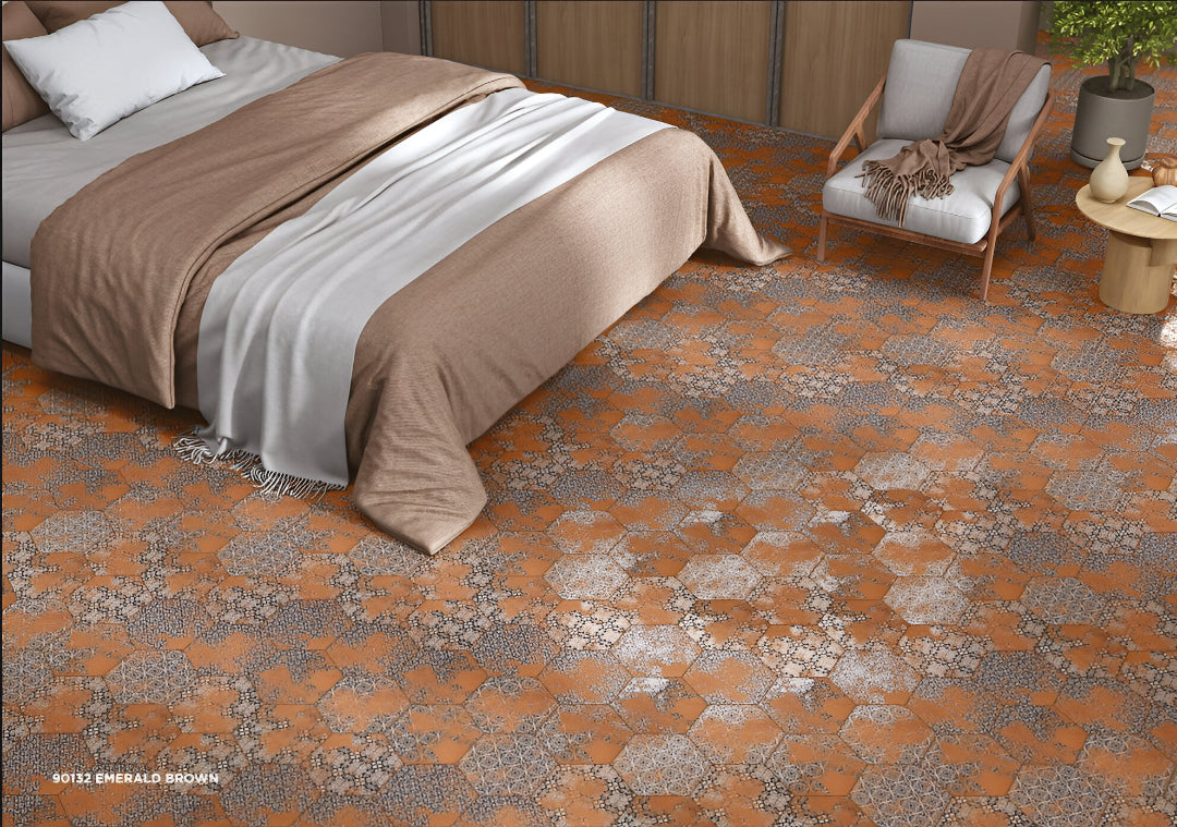 Emerald Brown Matt Porcelain Tile in hexagonal shape with rustic patchwork motifs in warm brown tones – 8x10 Inches.

