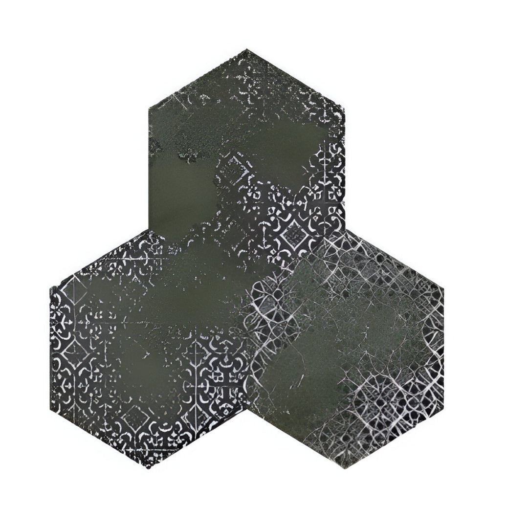 Emerald Green Matt Porcelain Tile in hexagon shape with green patchwork design – 8x10 Inches.

