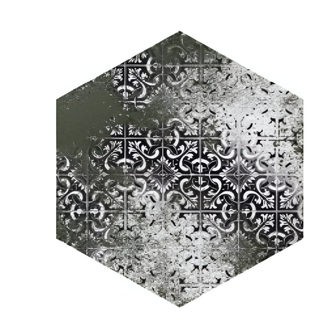 Emerald Green Matt Porcelain Tile in hexagon shape with green patchwork design – 8x10 Inches.

