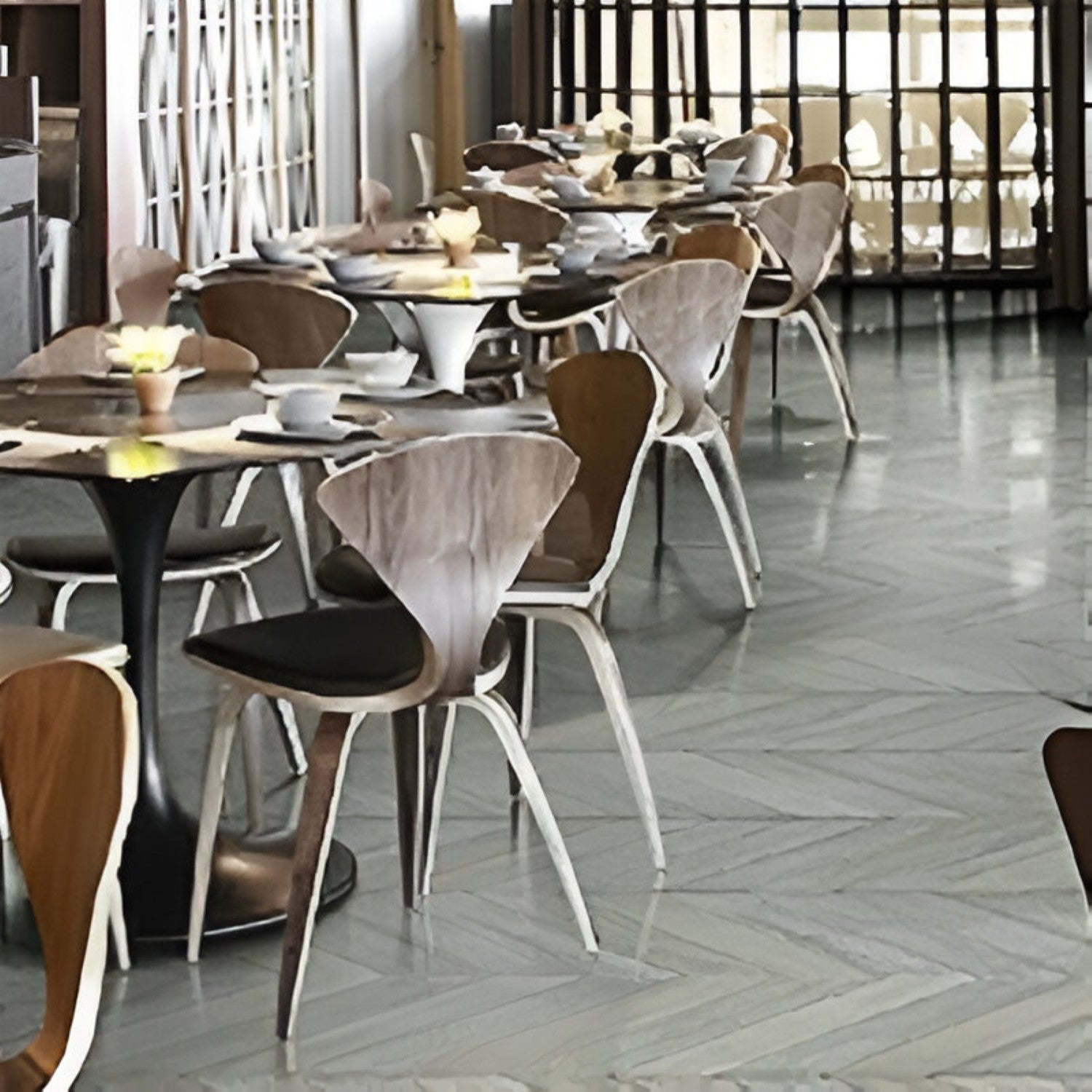 English Grey Chevron Flooring 4x24 inch with sophisticated grey finish, durable solid wood surface, featuring classic chevron pattern, ideal for contemporary interiors, living spaces, and premium commercial flooring applications
