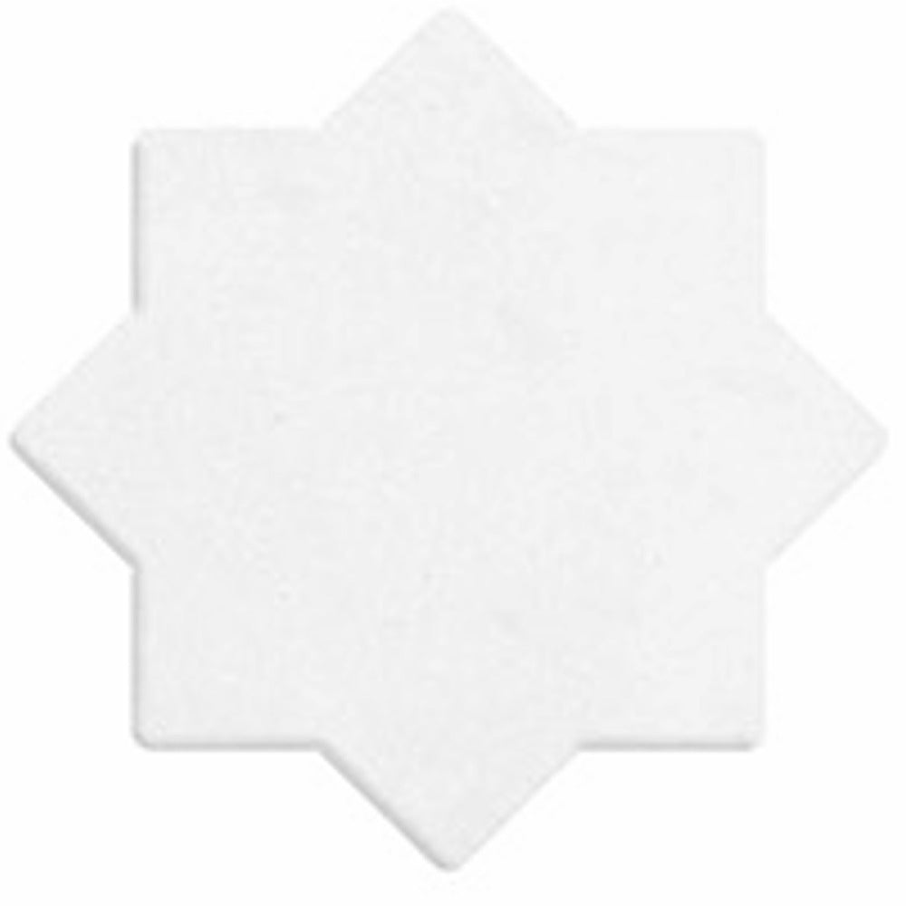 “Estrela Chalk Star-Cross vitrified tile in 6×6 inch size featuring a detailed geometric star-cross pattern with a soft matt finish, suitable for stylish floor and wall applications in modern and classic interiors.”