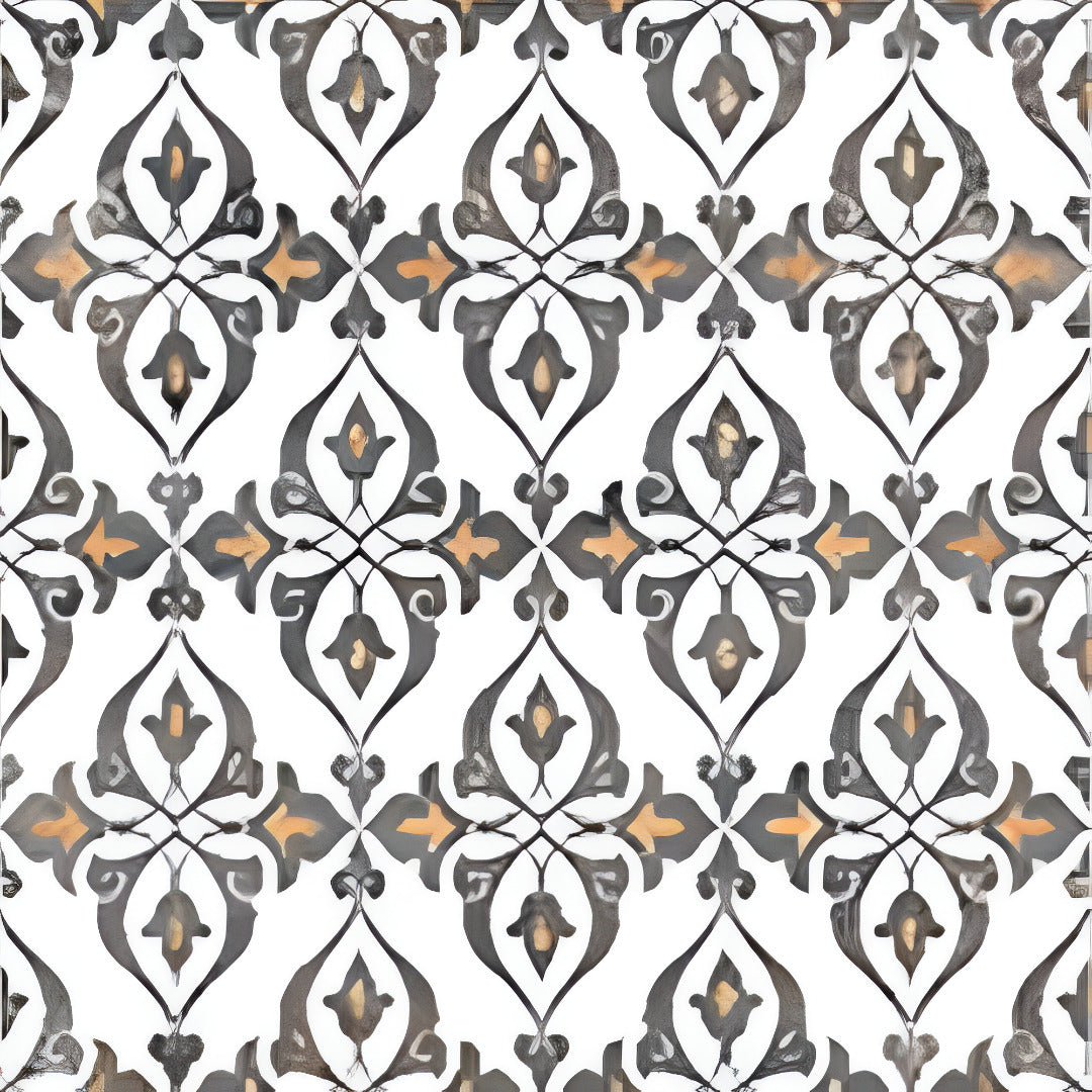 Fango Floral Moroccan vitrified tile in 8×8 inch size featuring intricate floral Rangoli-inspired printed patterns with detailed carving finish, suitable for decorative floor and wall applications in modern and traditional interiors
