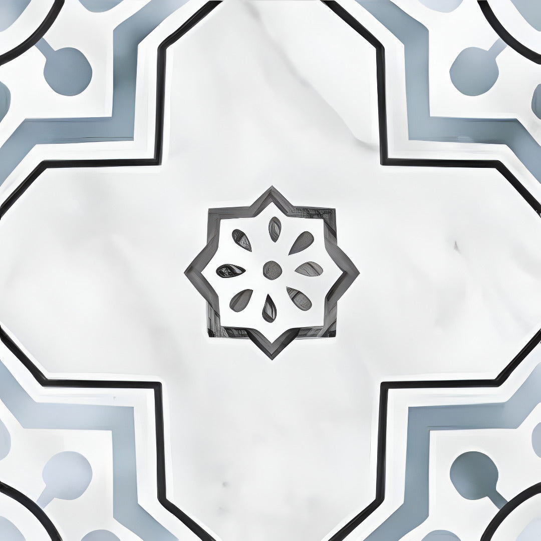 Fango Kasma Moroccan vitrified tile in 8×8 inch size featuring intricate Moroccan and rangoli printed artwork with a detailed carving finish, suitable for decorative floor and wall applications in modern and traditional interiors.