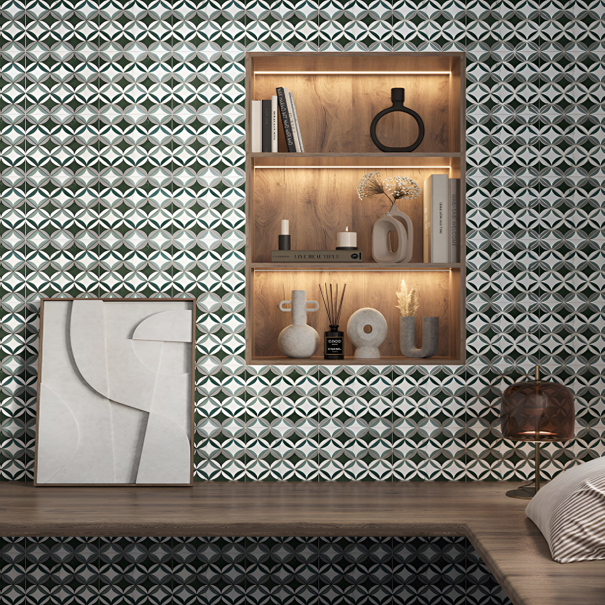 Fango Mylos Moroccan vitrified tile in 8×8 inch size showcasing intricate printed Moroccan and Rangoli inspired patterns with a detailed carving finish, suitable for floor and wall applications in modern and traditional interior spaces