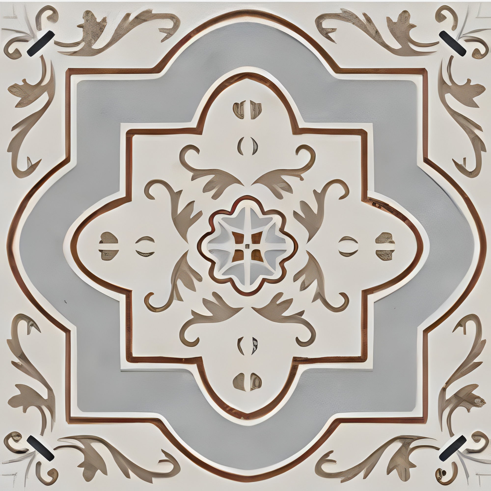 Fango Naxos Moroccan vitrified tile in 8×8 inch size featuring intricate printed Rangoli-inspired Moroccan artwork with detailed carving finish, suitable for decorative floor and wall applications in modern and traditional interiors.