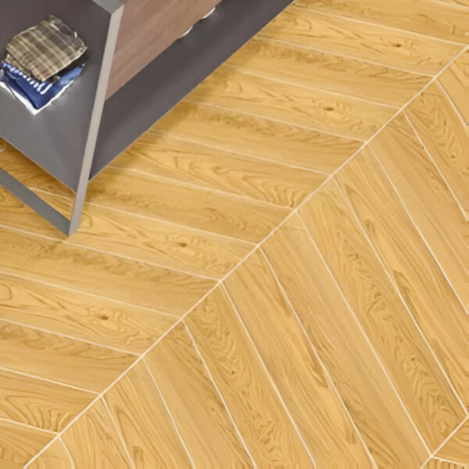 Fawn Oak Chevron Wooden Tile 6x36 Inch, featuring warm fawn oak tones arranged in a chevron pattern, ideal for stylish and durable flooring or wall applications.
