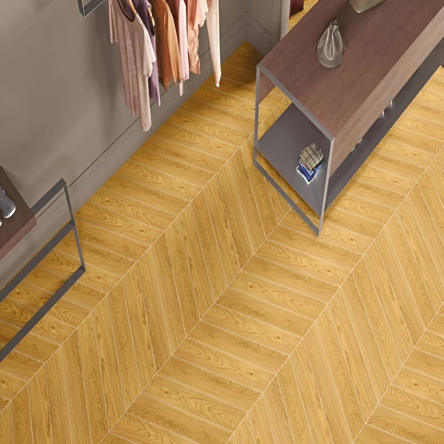 Fawn Oak Chevron Wooden Tile 6x36 Inch, featuring warm fawn oak tones arranged in a chevron pattern, ideal for stylish and durable flooring or wall applications.
