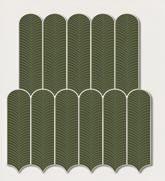 Fern Glow Feather Tile – 3x12 Inch Dark Green Subway Tile with Feather Pattern for Bold Bathroom and Kitchen Backsplash Designs